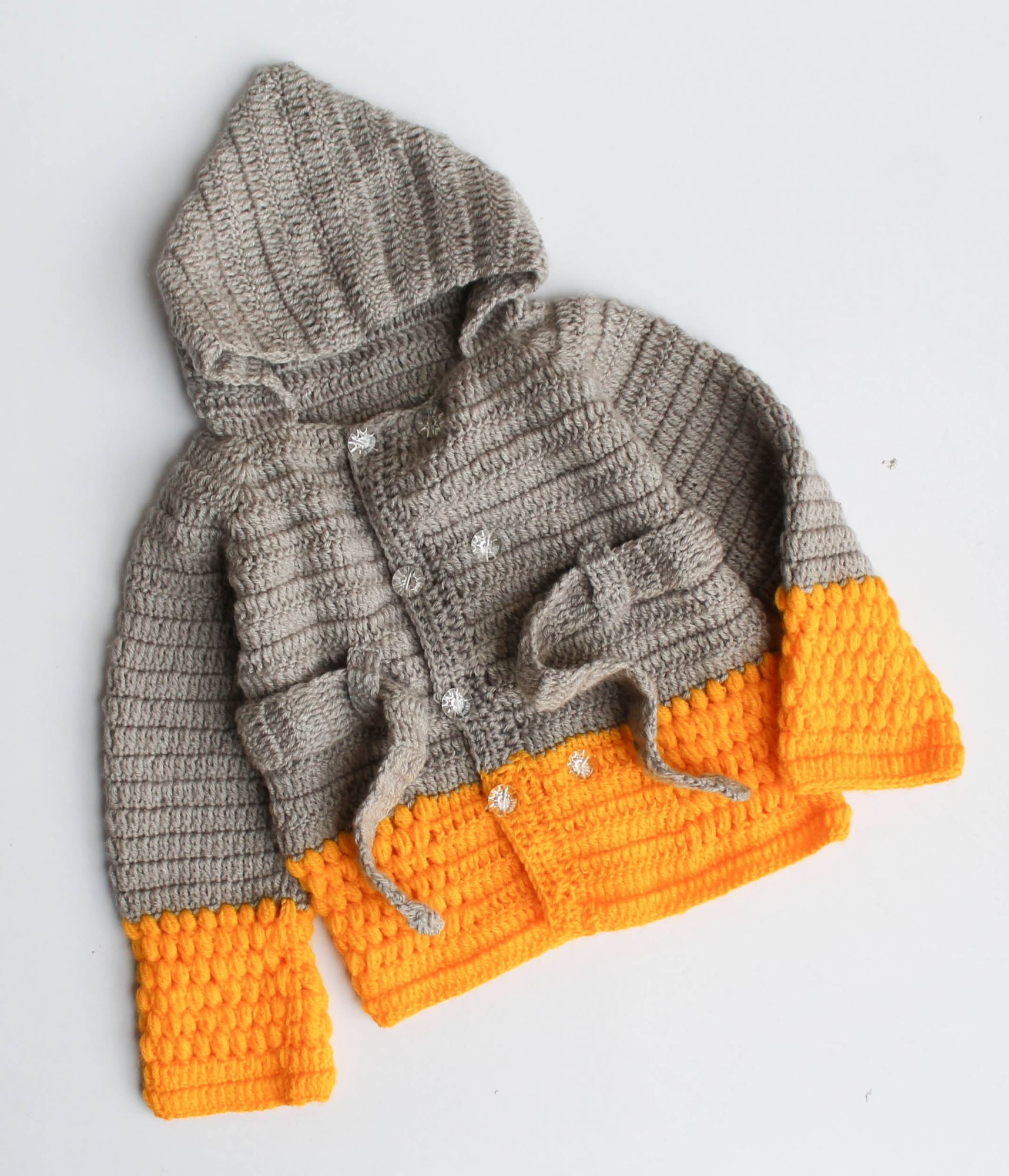 Woonie Full Sleeves Handmade Dual Shaded Hooded Sweater - Grey & Yellow