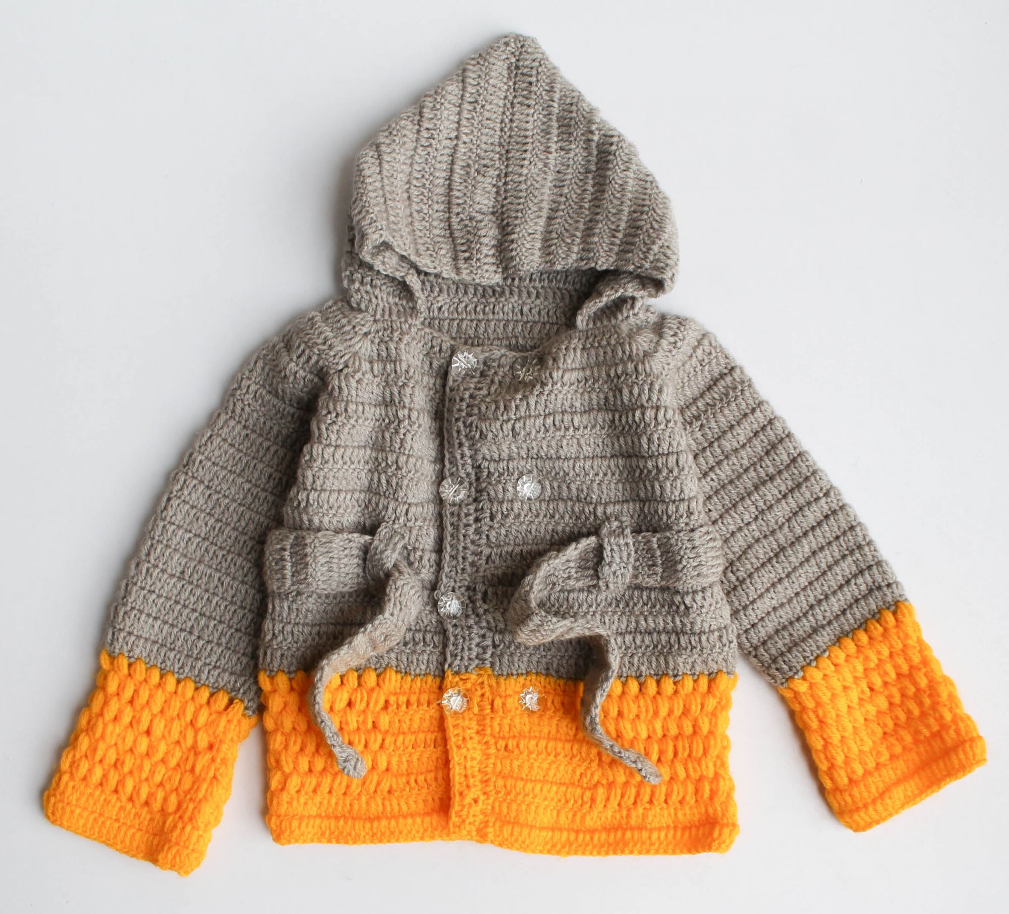 Woonie Full Sleeves Handmade Dual Shaded Hooded Sweater - Grey & Yellow