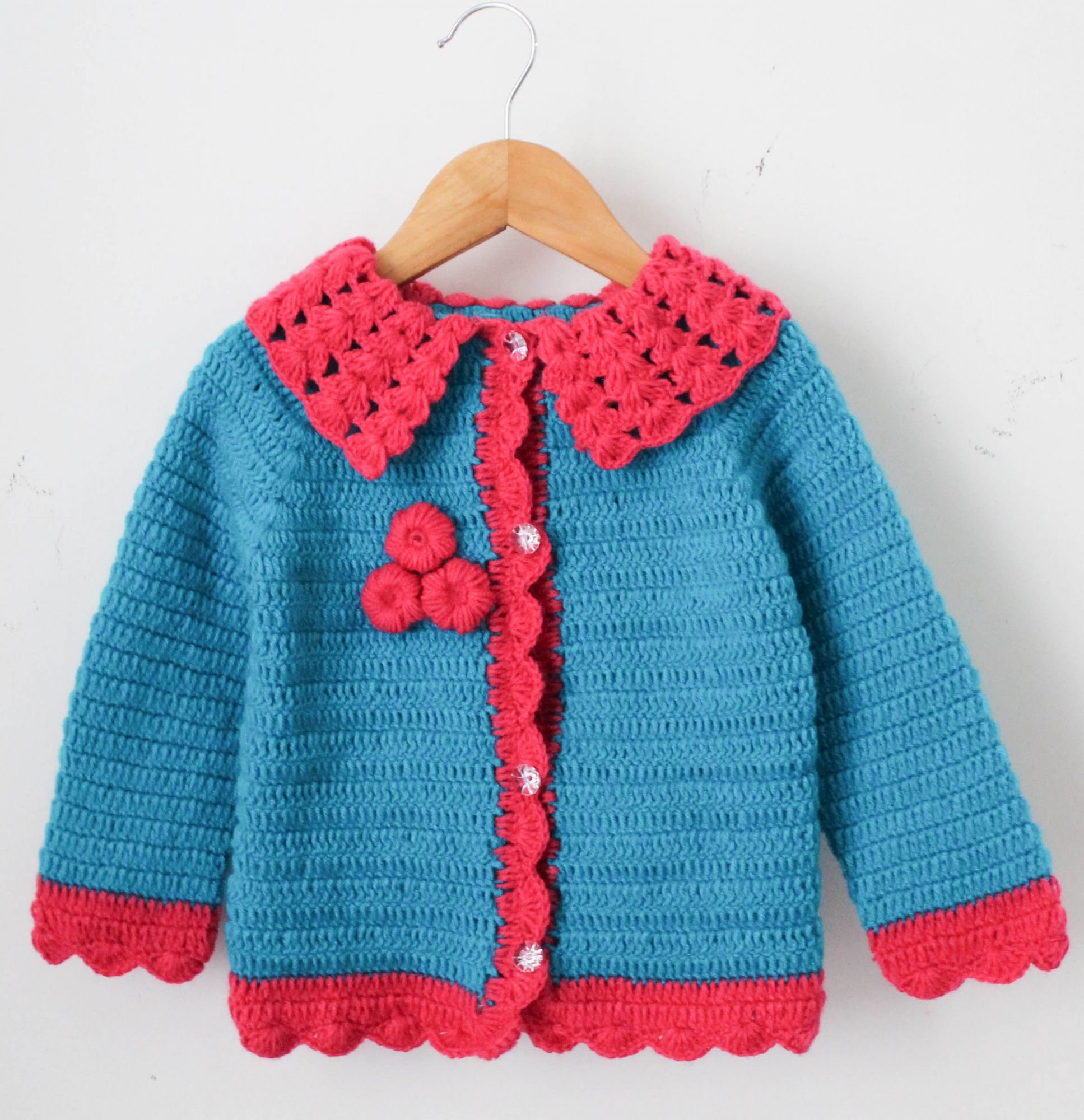 Woonie Half Sleeves Handmade Sweater With Flower Patch - Blue