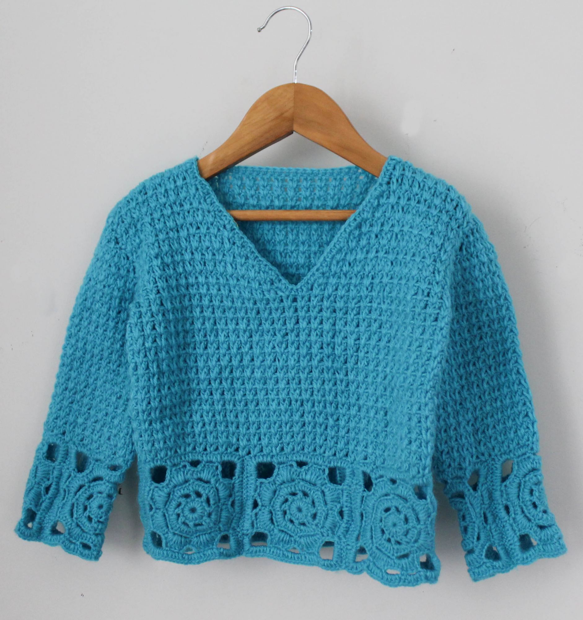 Woonie Full Sleeves Handmade Lace Design Sweater - Blue