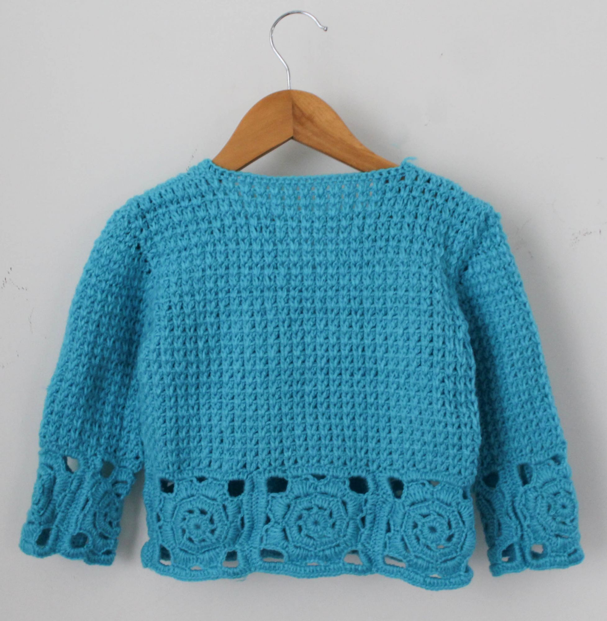 Woonie Full Sleeves Handmade Lace Design Sweater - Blue