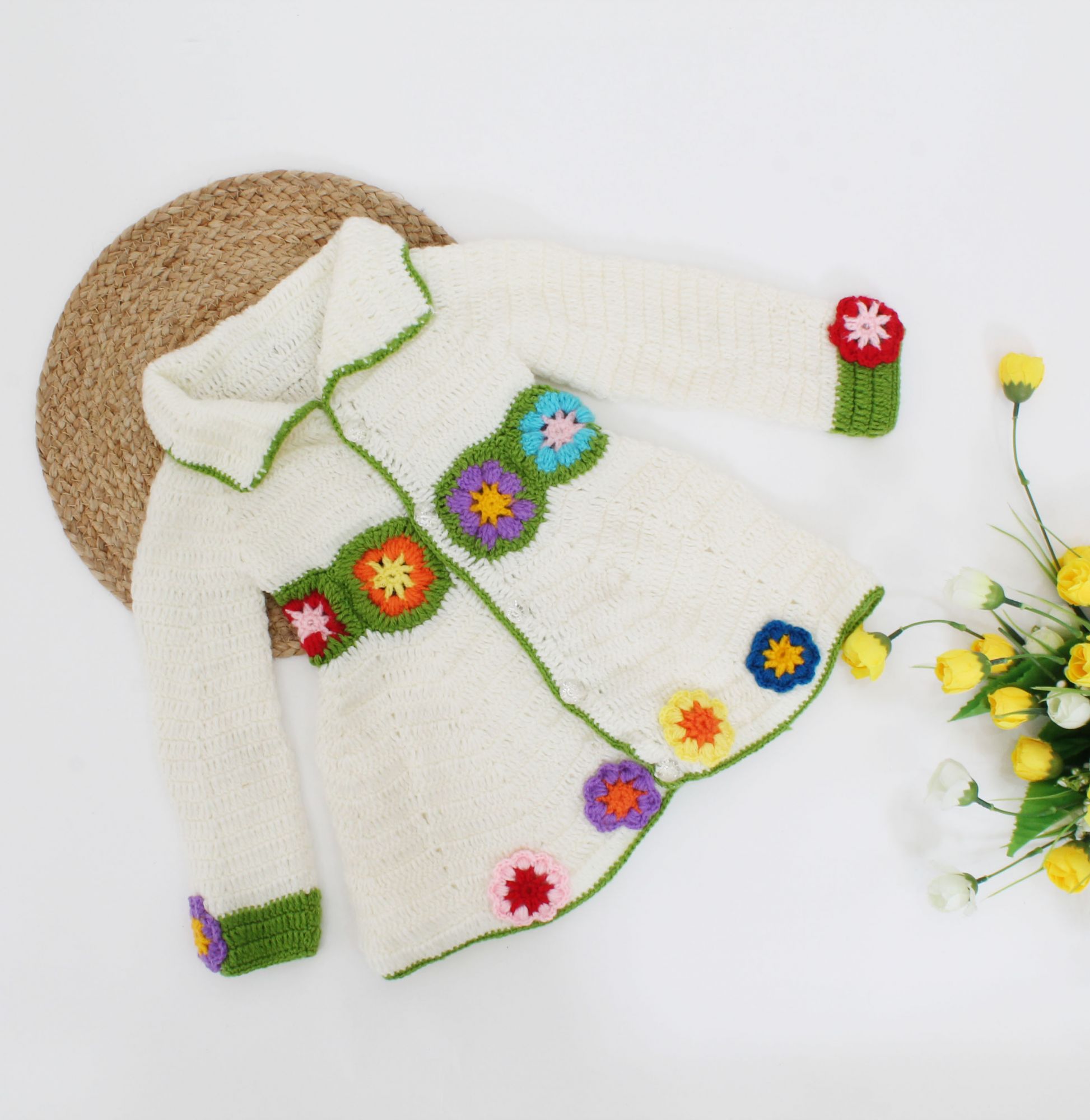 Woonie Handmade Full Sleeves Flower Design Detailed A Line Collared Sweater - White