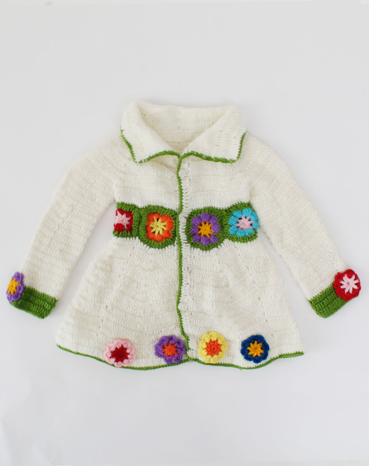 Woonie Handmade Full Sleeves Flower Design Detailed A Line Collared Sweater - White