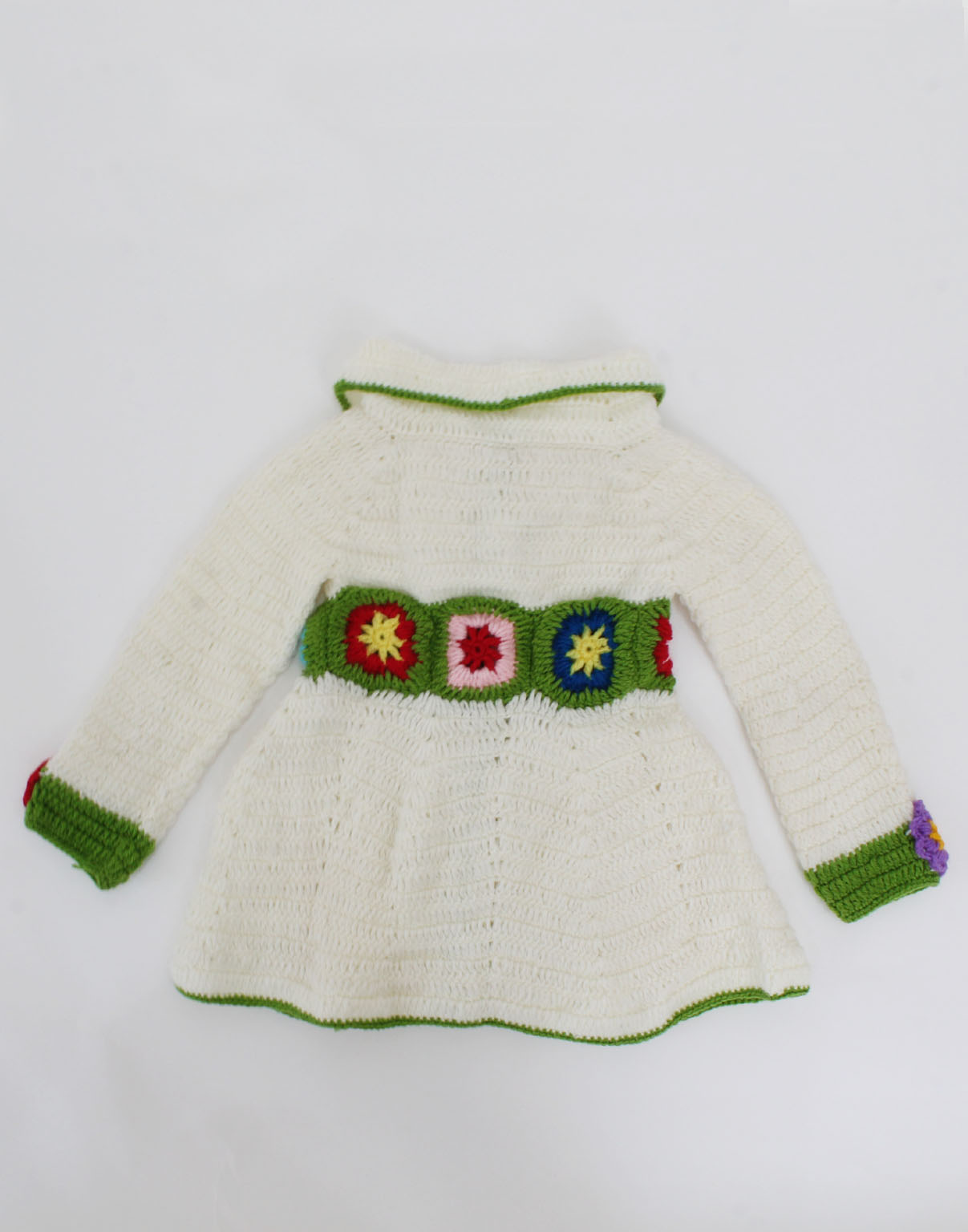 Woonie Handmade Full Sleeves Flower Design Detailed A Line Collared Sweater - White