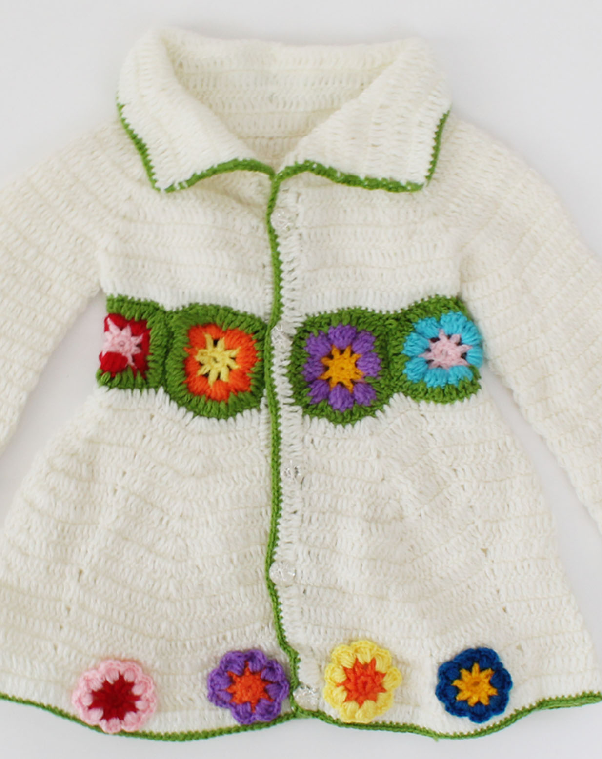 Woonie Handmade Full Sleeves Flower Design Detailed A Line Collared Sweater - White