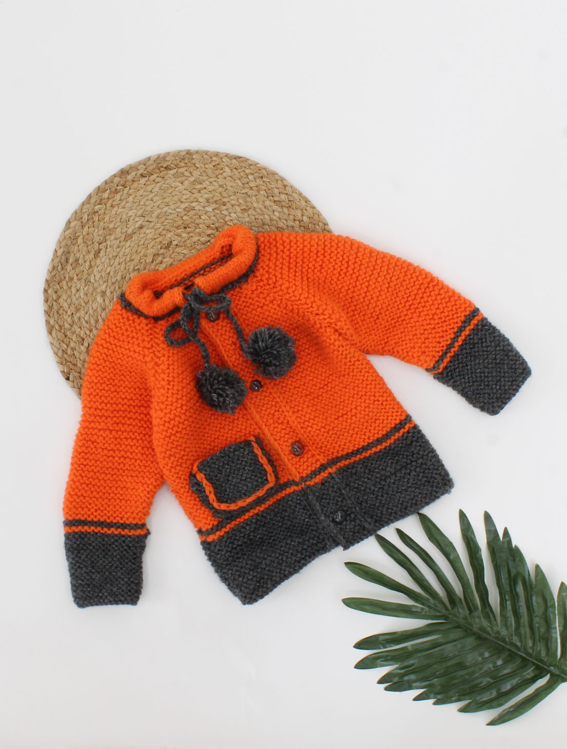 Woonie Handmade Full Sleeves Pocket Detailed Draw String Sweater - Orange