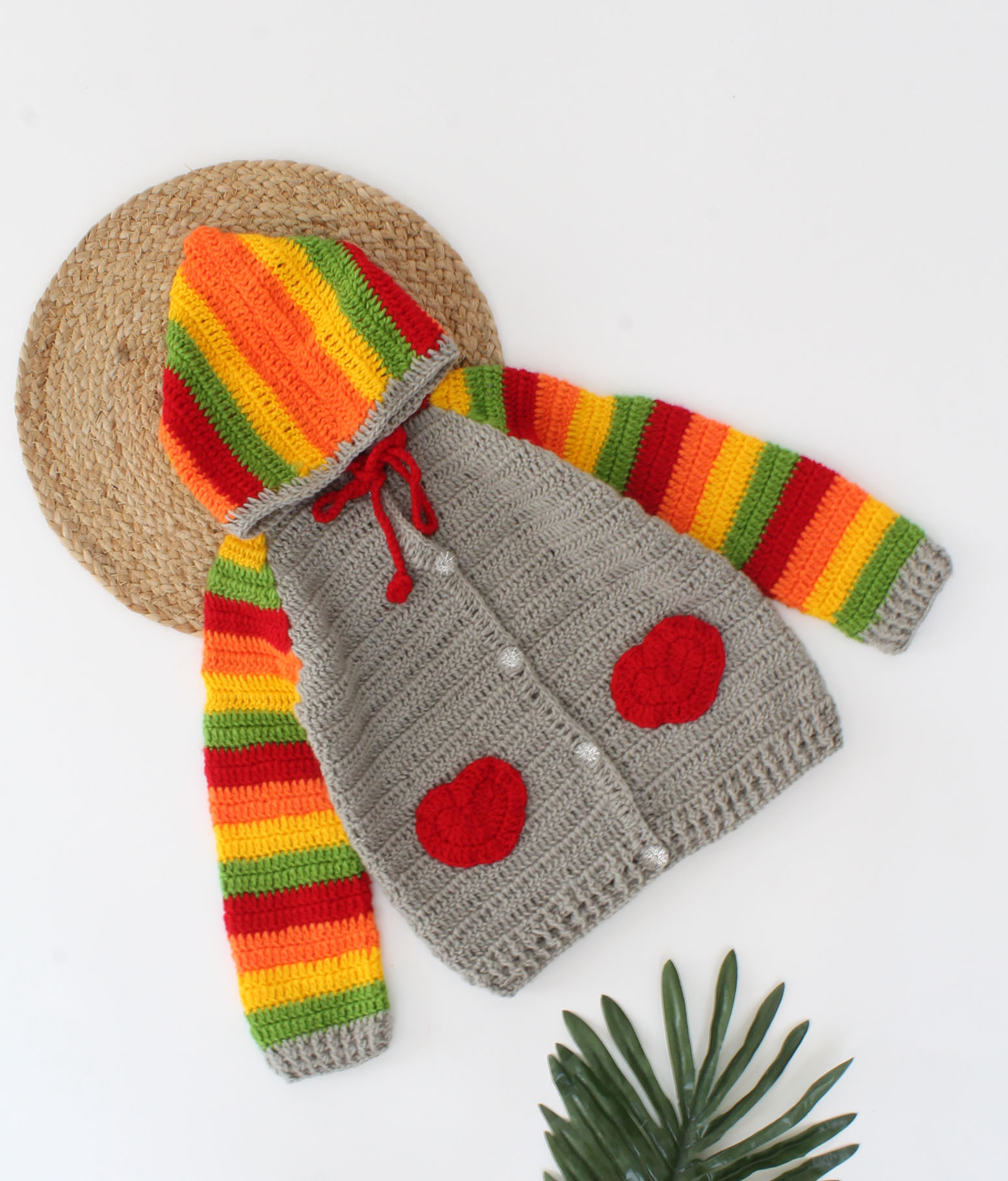 Woonie Handmade Raglan Full Sleeves Heart Design Detailed Hooded Sweater - Multi Colour
