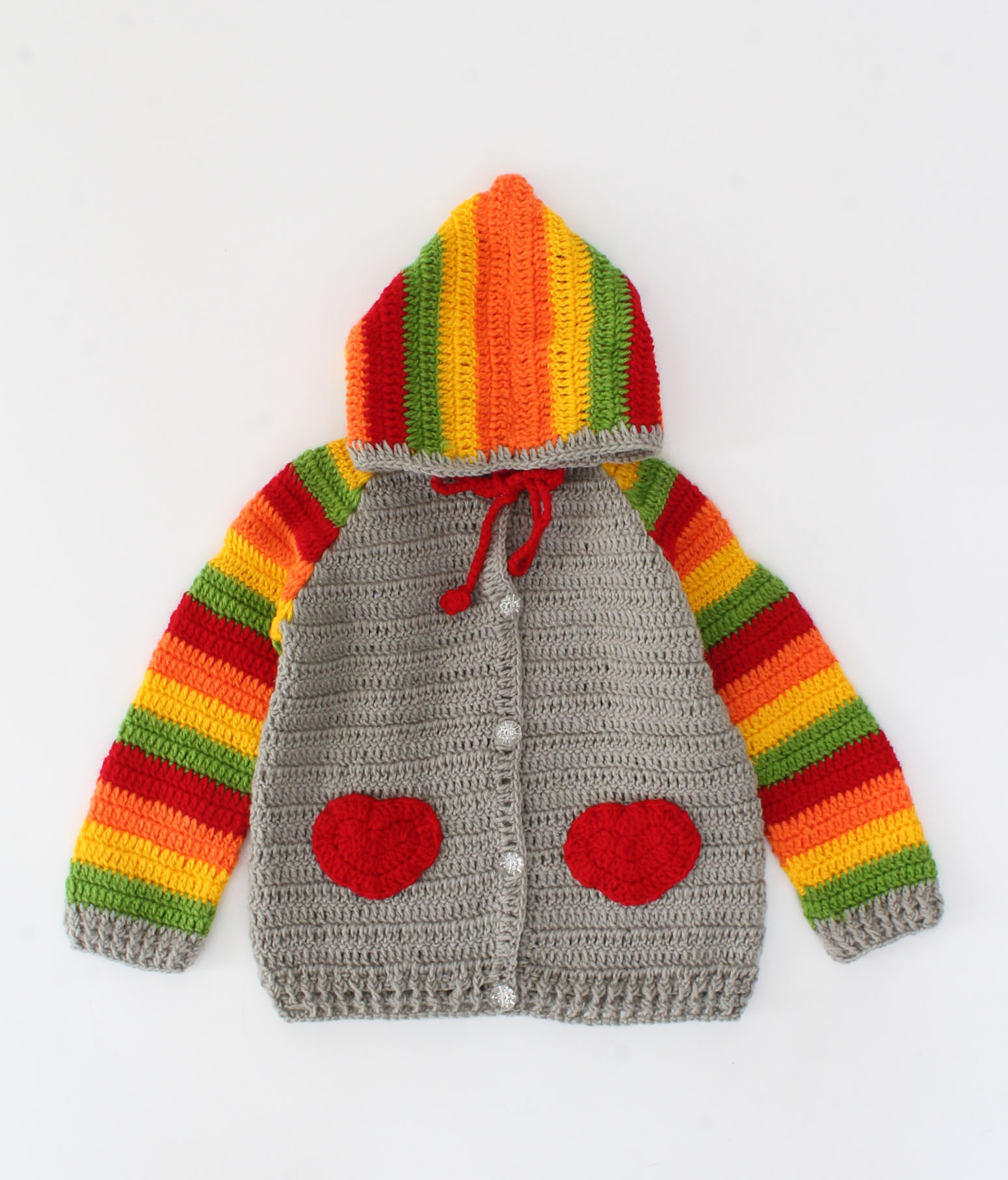 Woonie Handmade Raglan Full Sleeves Heart Design Detailed Hooded Sweater - Multi Colour