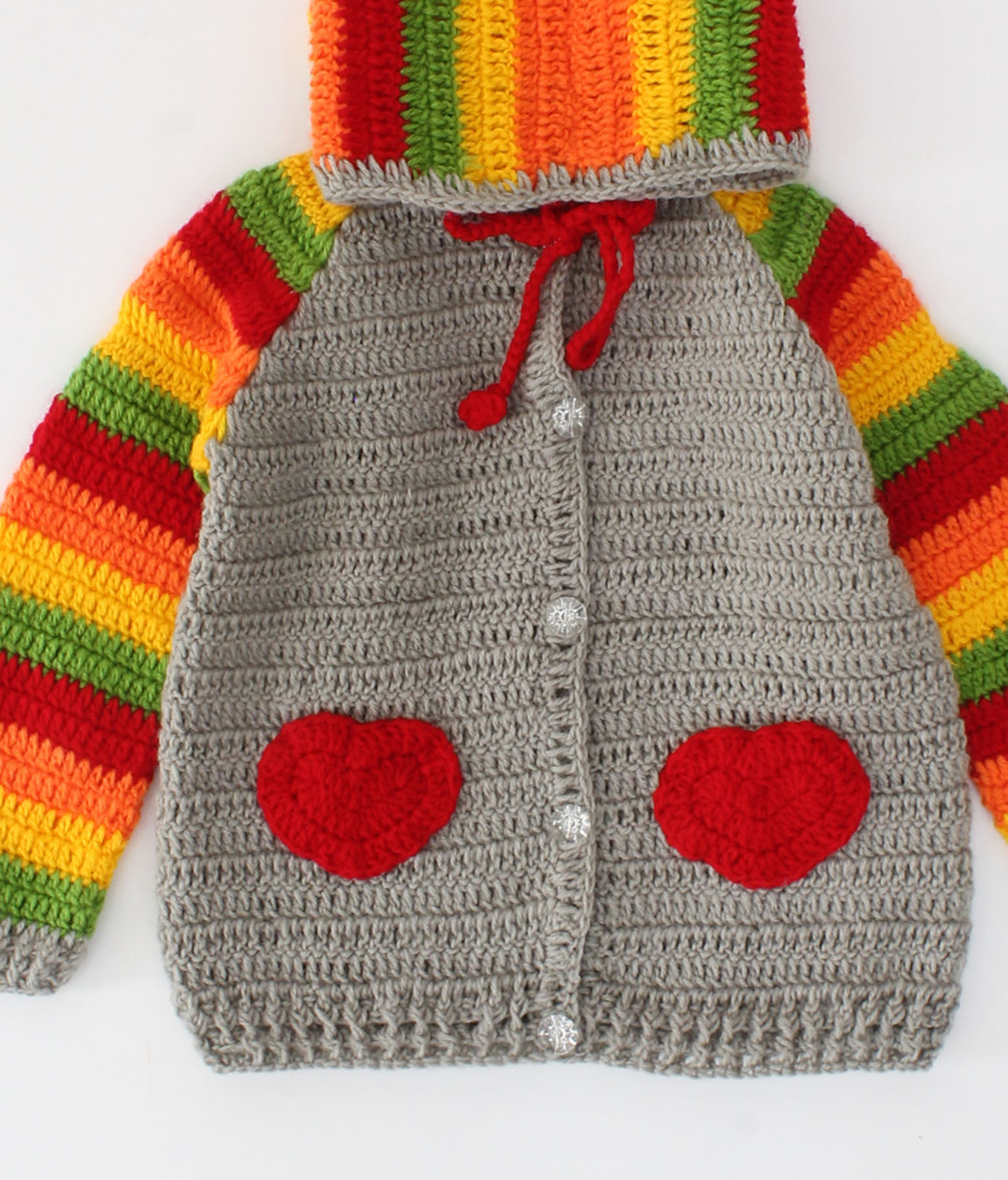 Woonie Handmade Raglan Full Sleeves Heart Design Detailed Hooded Sweater - Multi Colour