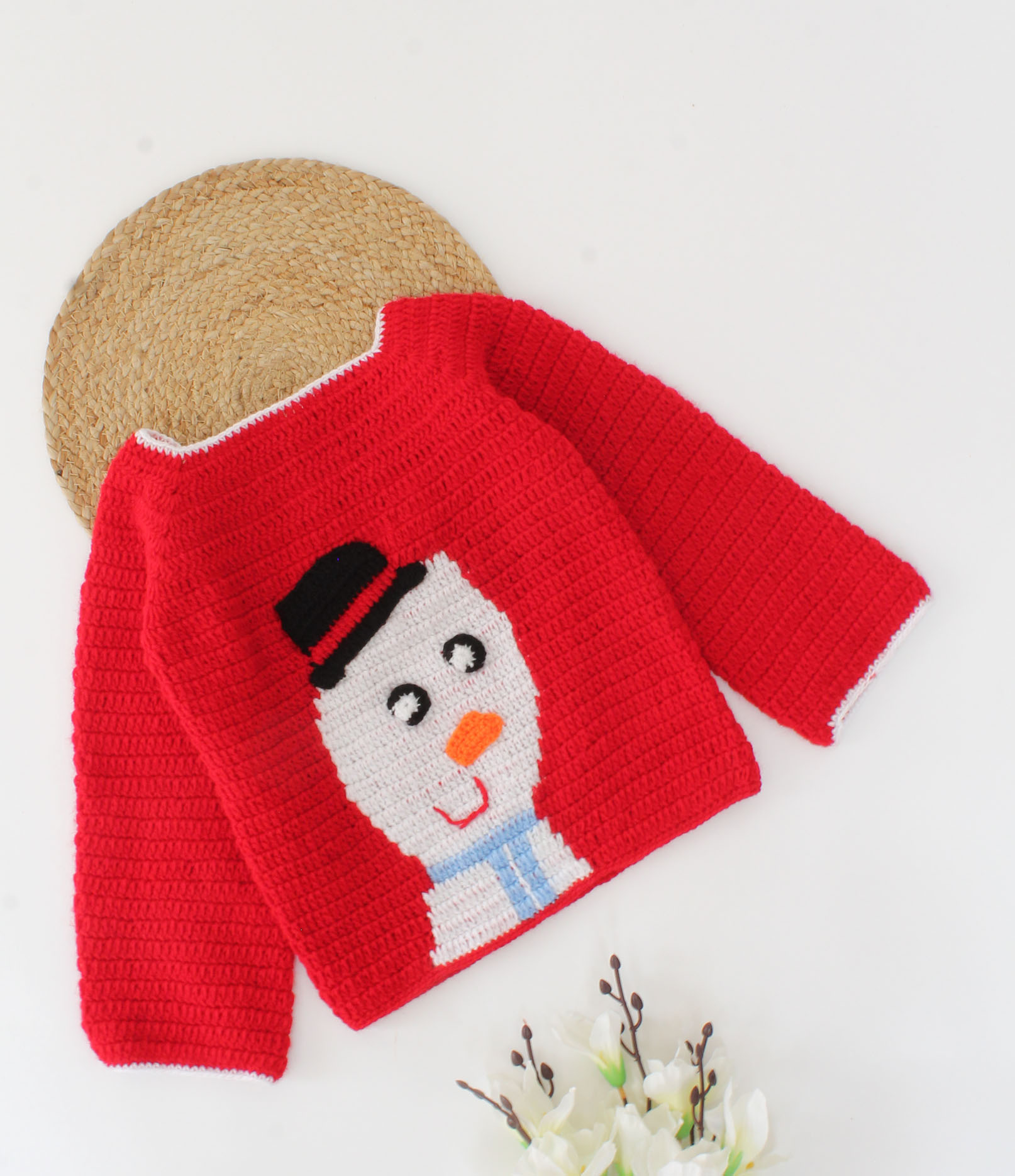 Handmade Full Sleeves Crochet Snowman Design Sweater-Red