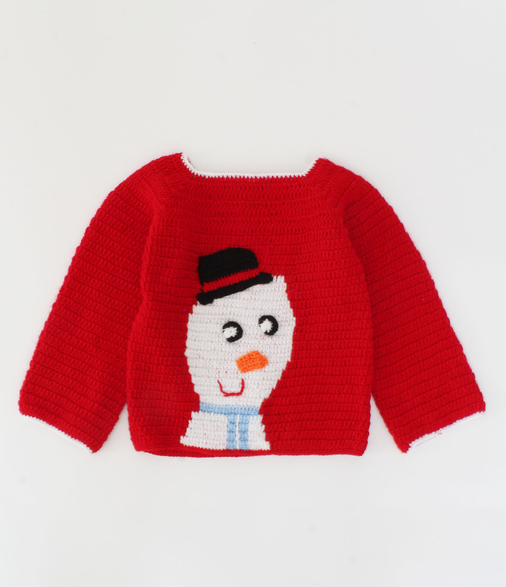 Handmade Full Sleeves Crochet Snowman Design Sweater-Red