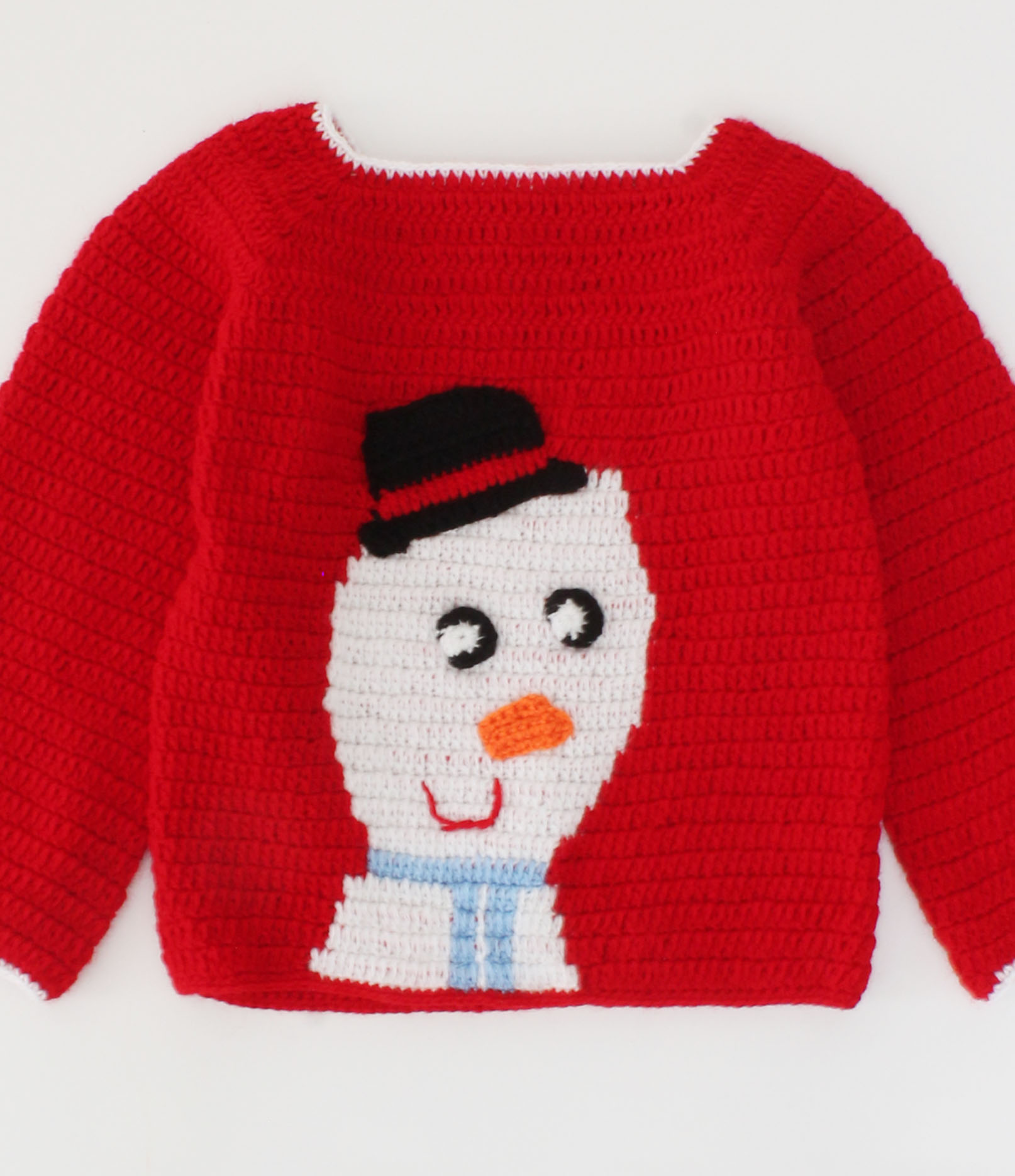 Handmade Full Sleeves Crochet Snowman Design Sweater-Red