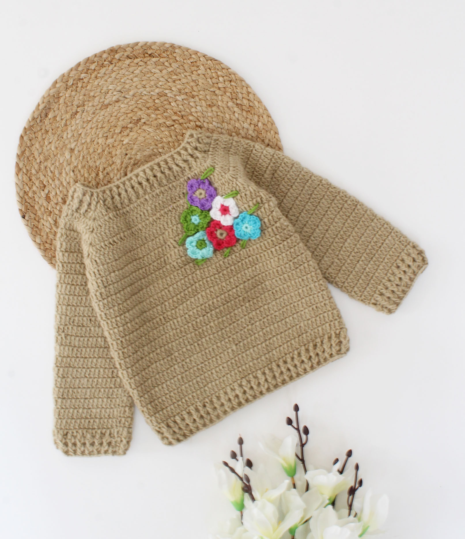 Handmade Full Sleeves Floral Design Crochet Sweater-Beige