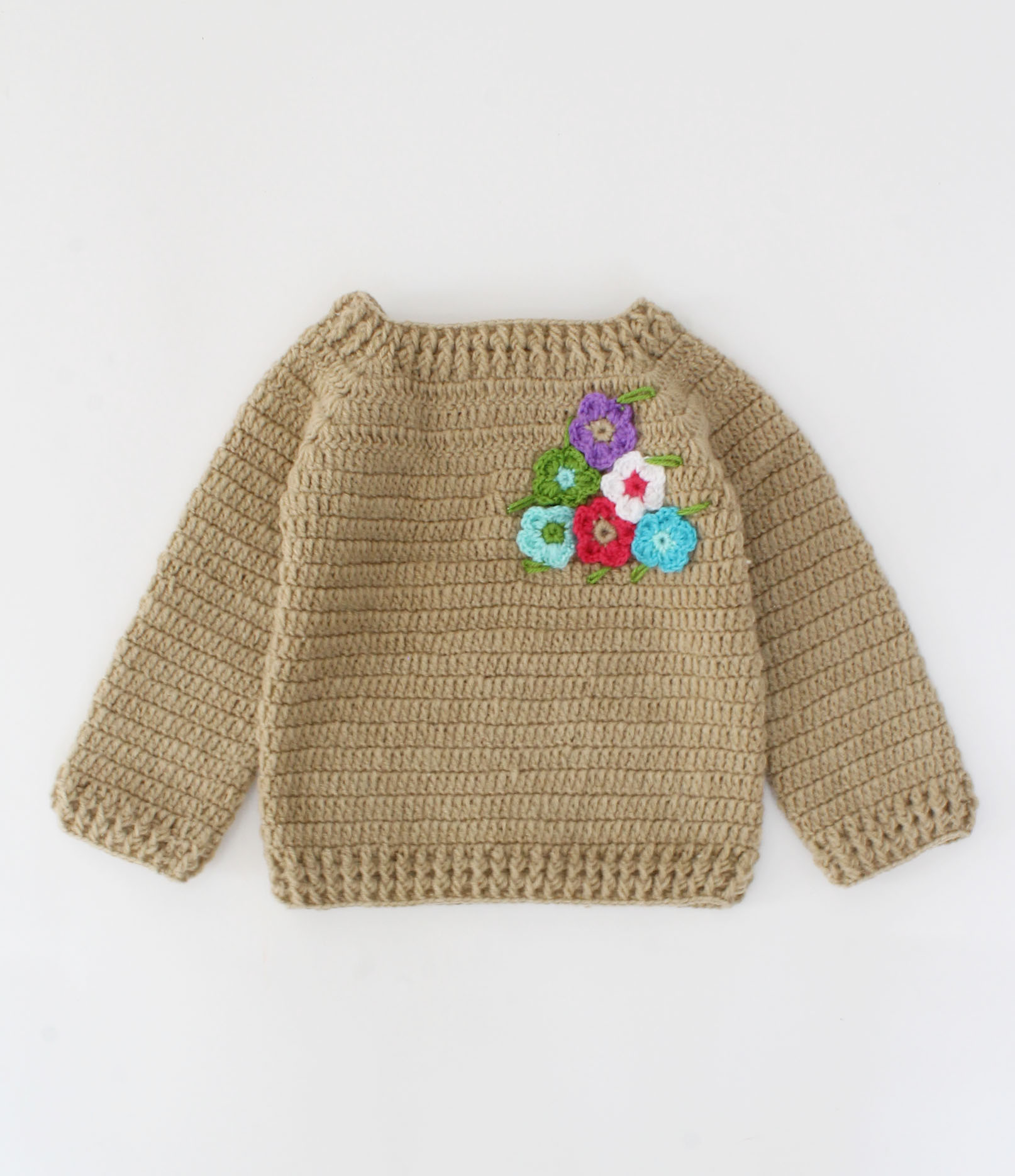 Handmade Full Sleeves Floral Design Crochet Sweater-Beige