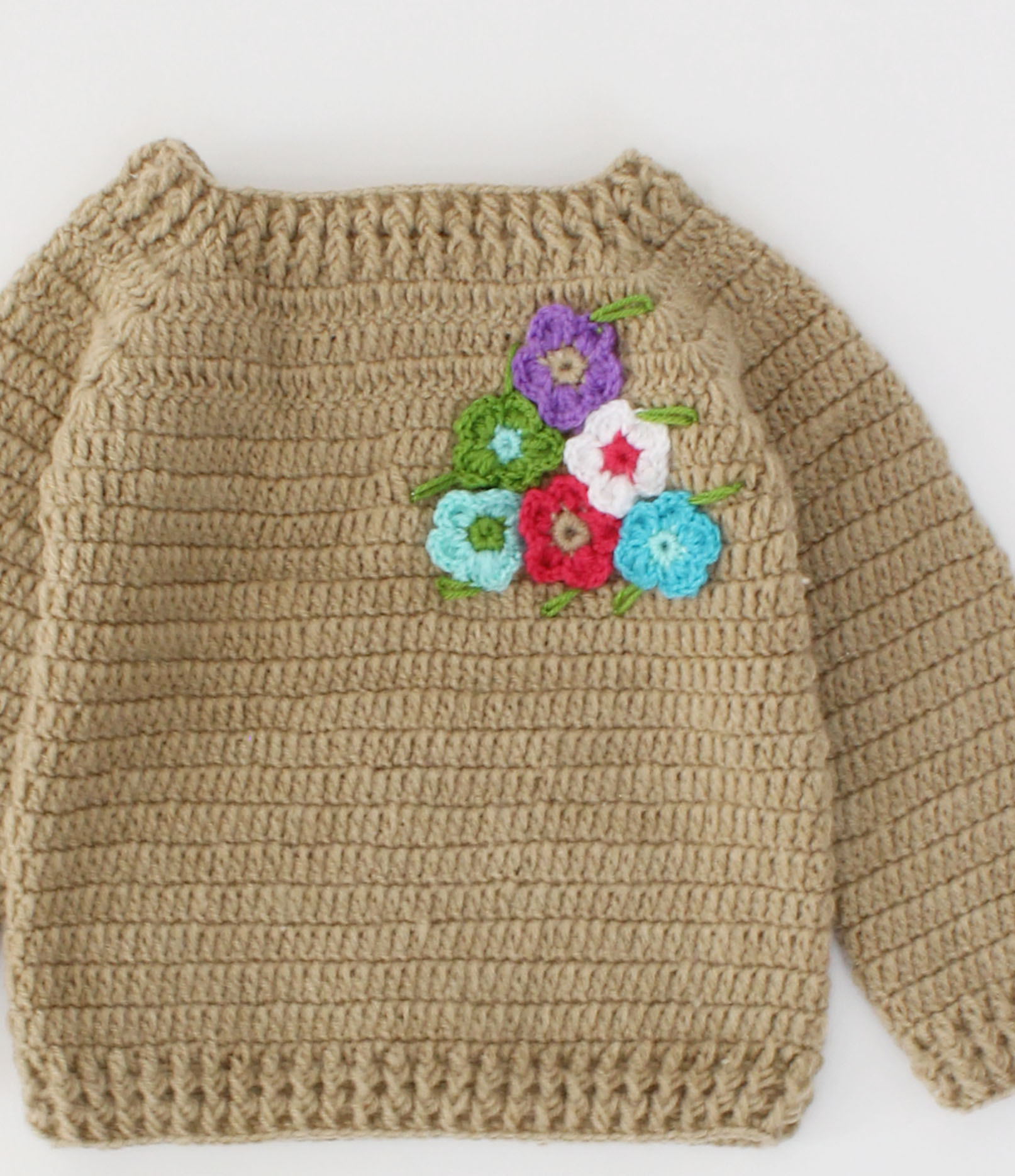 Handmade Full Sleeves Floral Design Crochet Sweater-Beige