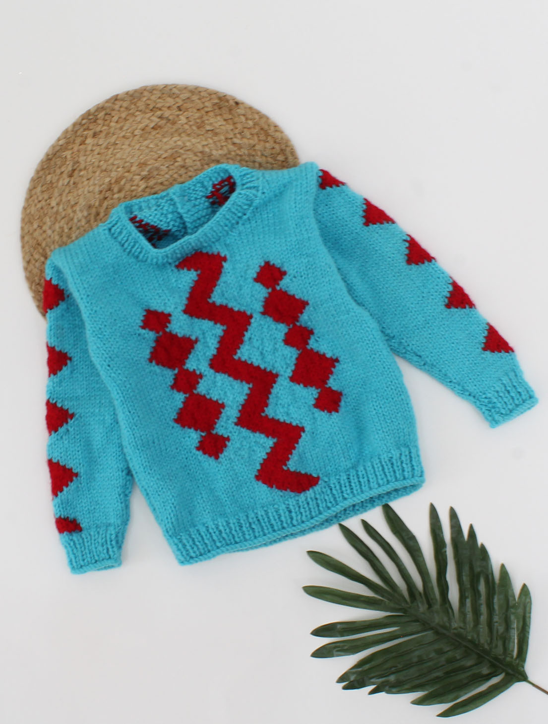 Handmade Knitted Full Sleeves Graphics Design Sweater-Blue