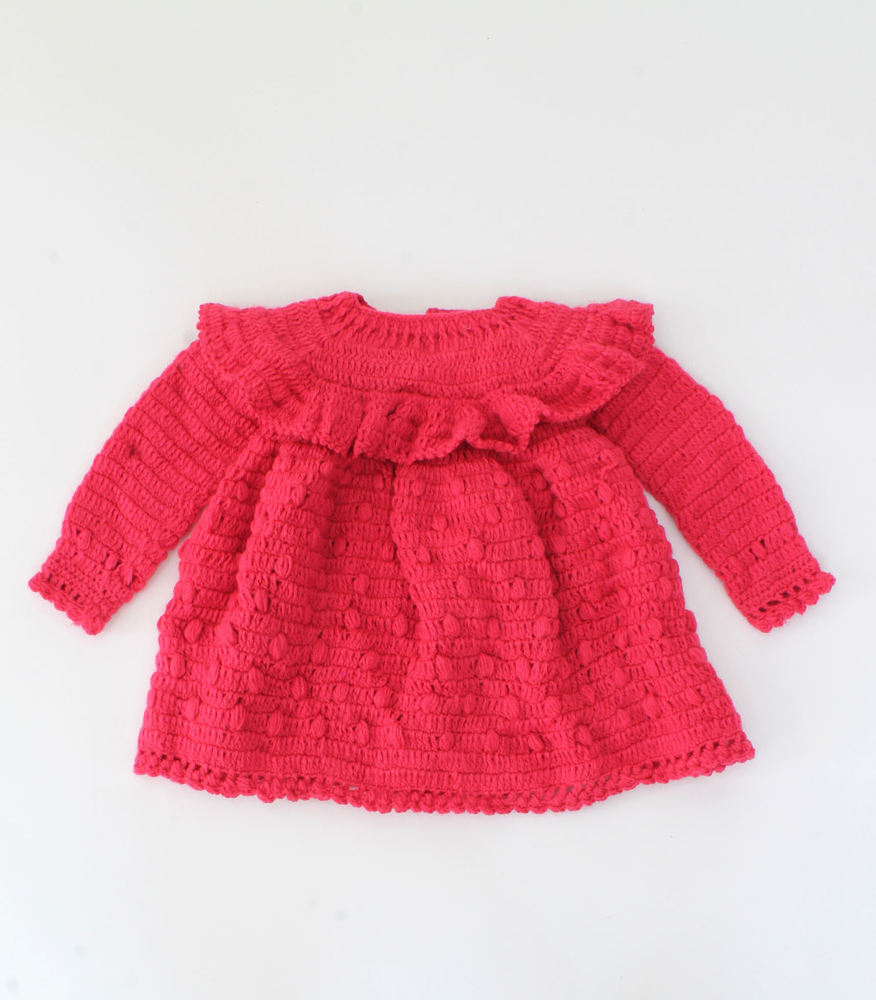Handmade Full Sleeves With Frill And Bubbles Design Crochet Sweater-Pink