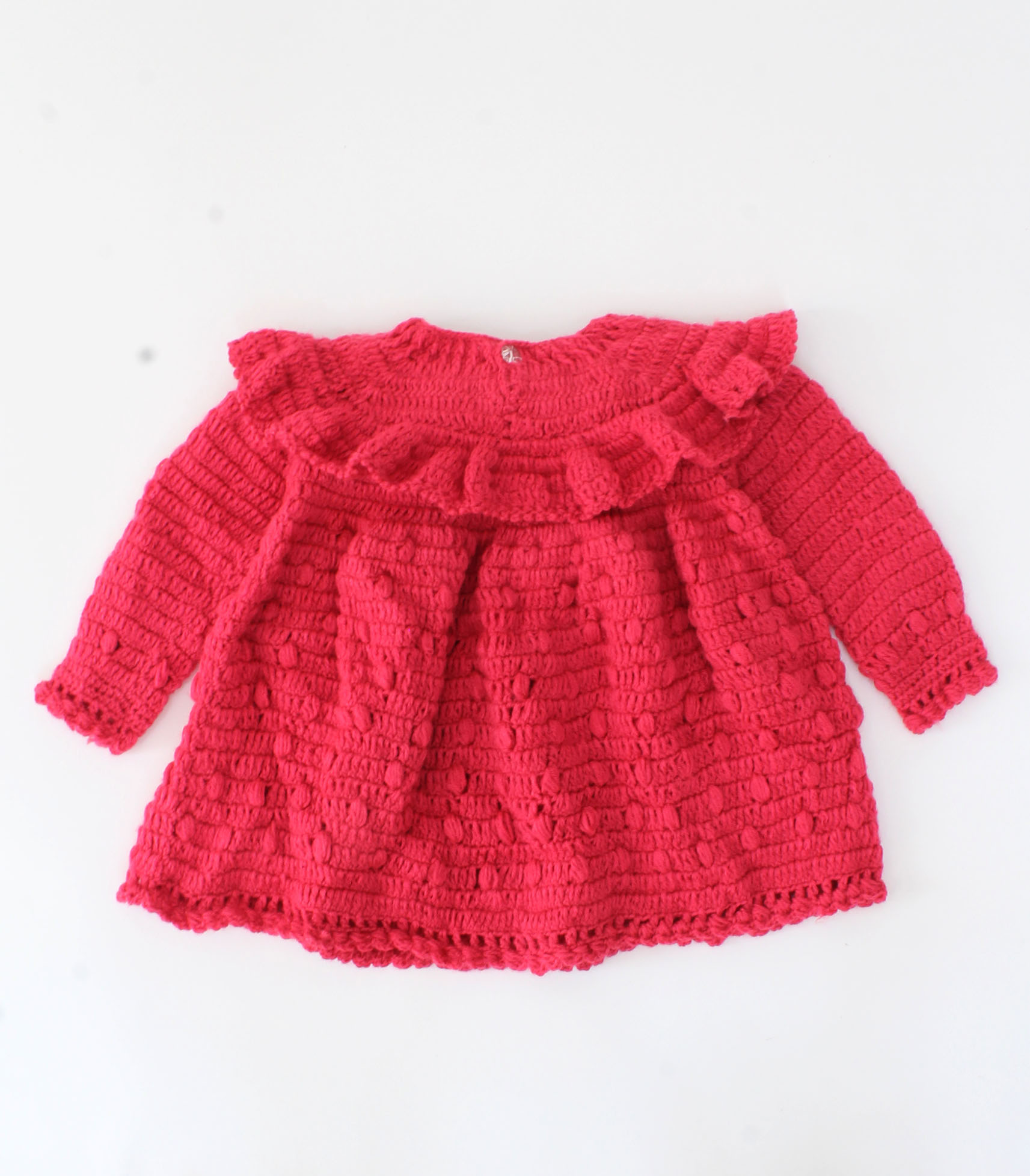 Handmade Full Sleeves With Frill And Bubbles Design Crochet Sweater-Pink