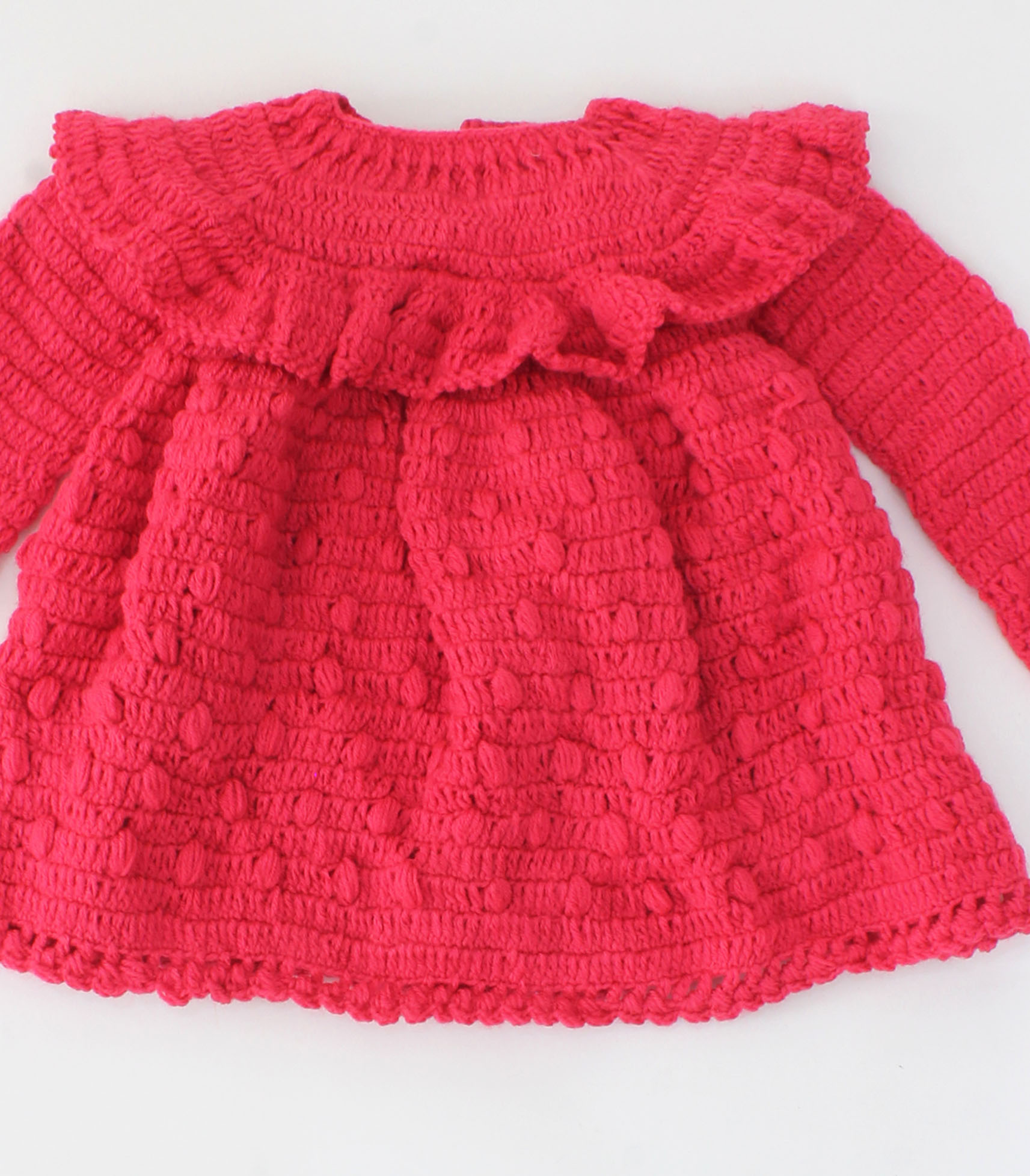 Handmade Full Sleeves With Frill And Bubbles Design Crochet Sweater-Pink