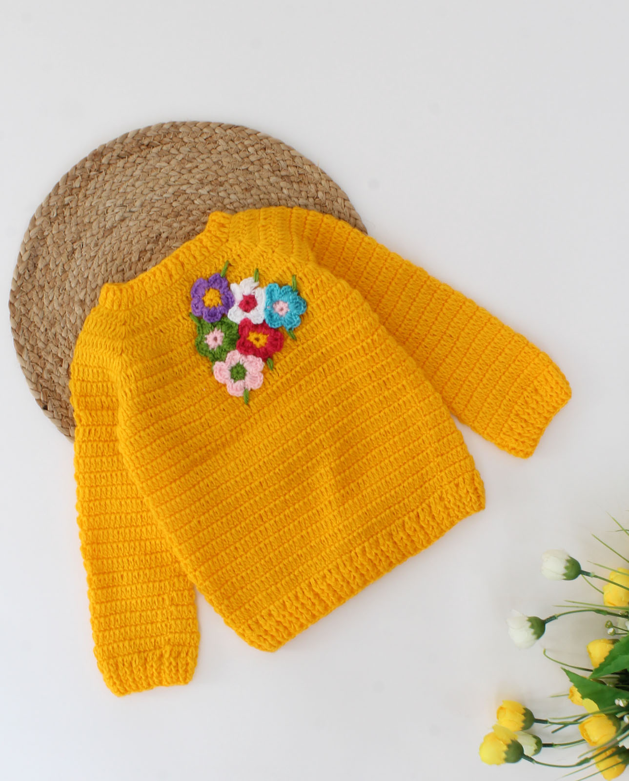 Handmade Crochet Full Sleeves Floral Design Sweater-Yellow