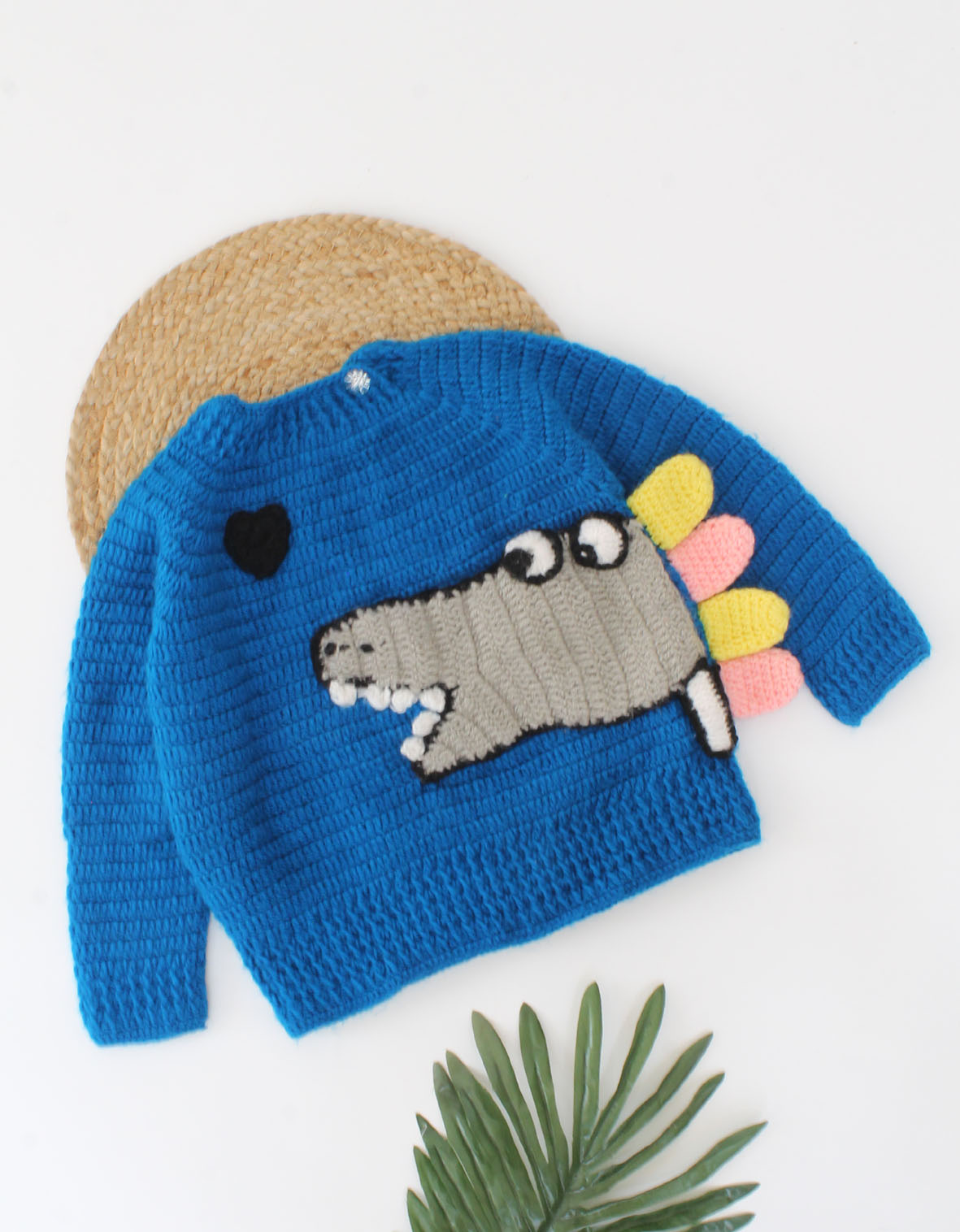 Handmade Crochet Full Sleeves Dino Face Detailing Sweater For Kids-Blue