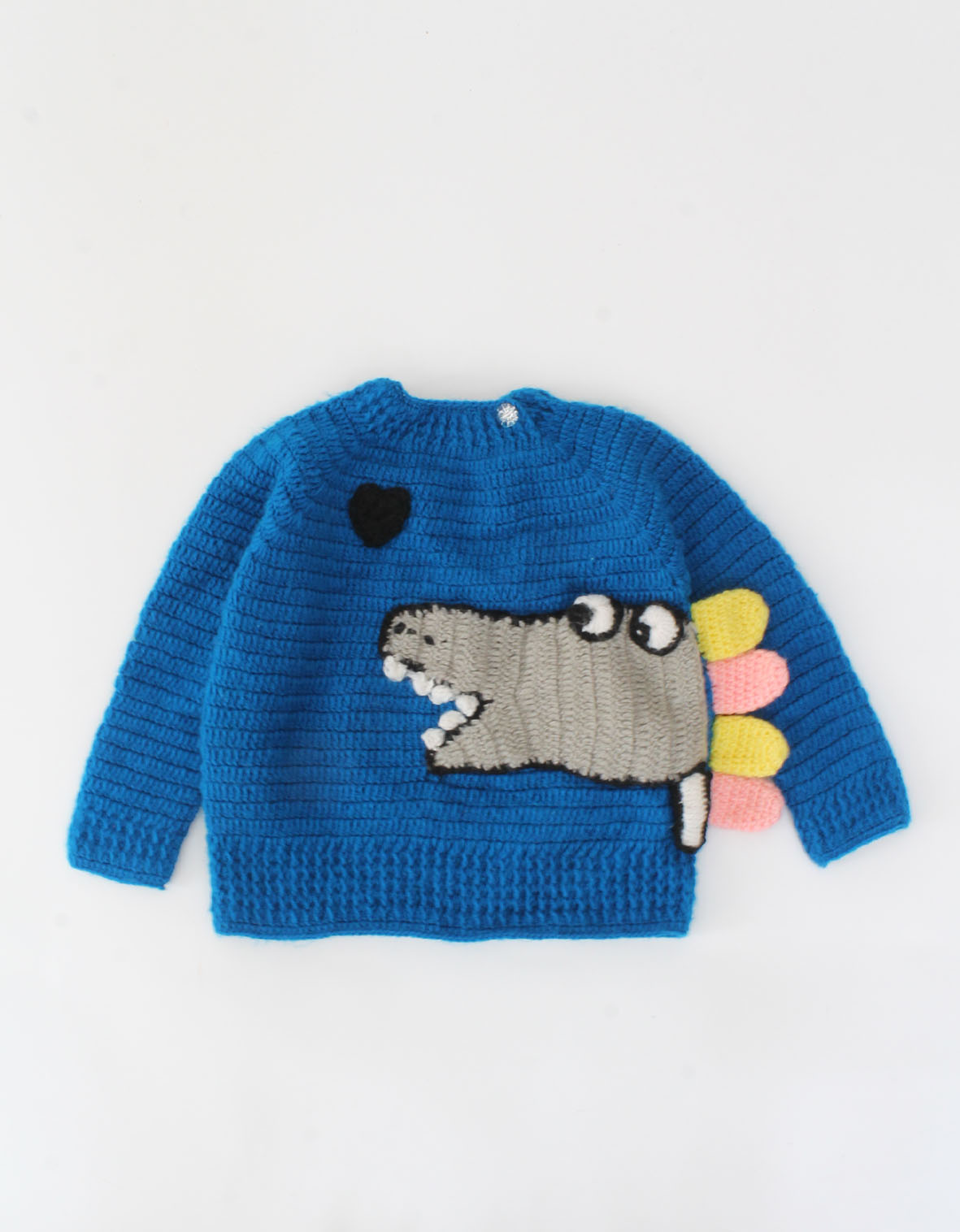 Handmade Crochet Full Sleeves Dino Face Detailing Sweater For Kids-Blue