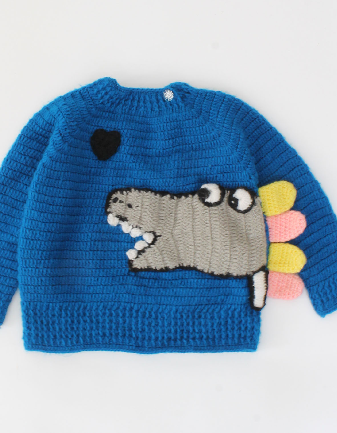 Handmade Crochet Full Sleeves Dino Face Detailing Sweater For Kids-Blue