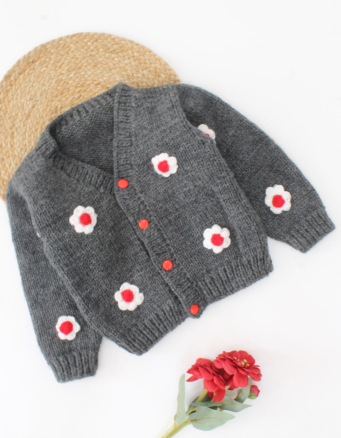Handmade Knitted Full Sleeves Floral Design Sweater-Grey