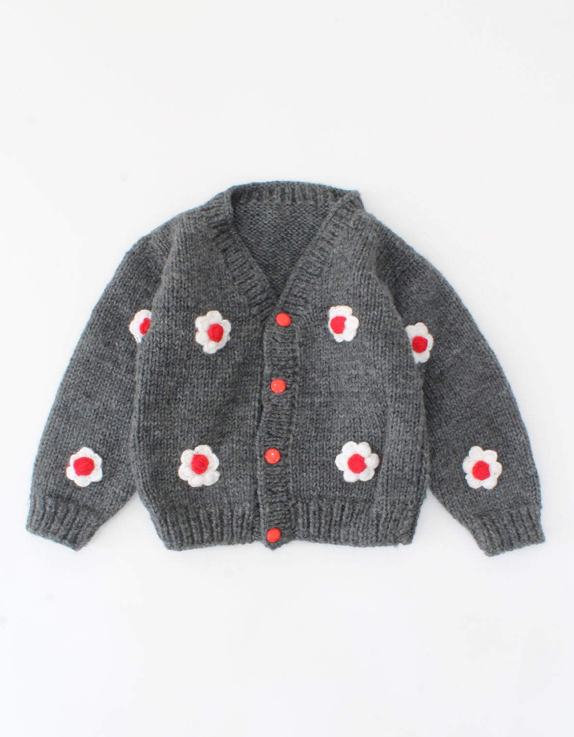 Handmade Knitted Full Sleeves Floral Design Sweater-Grey