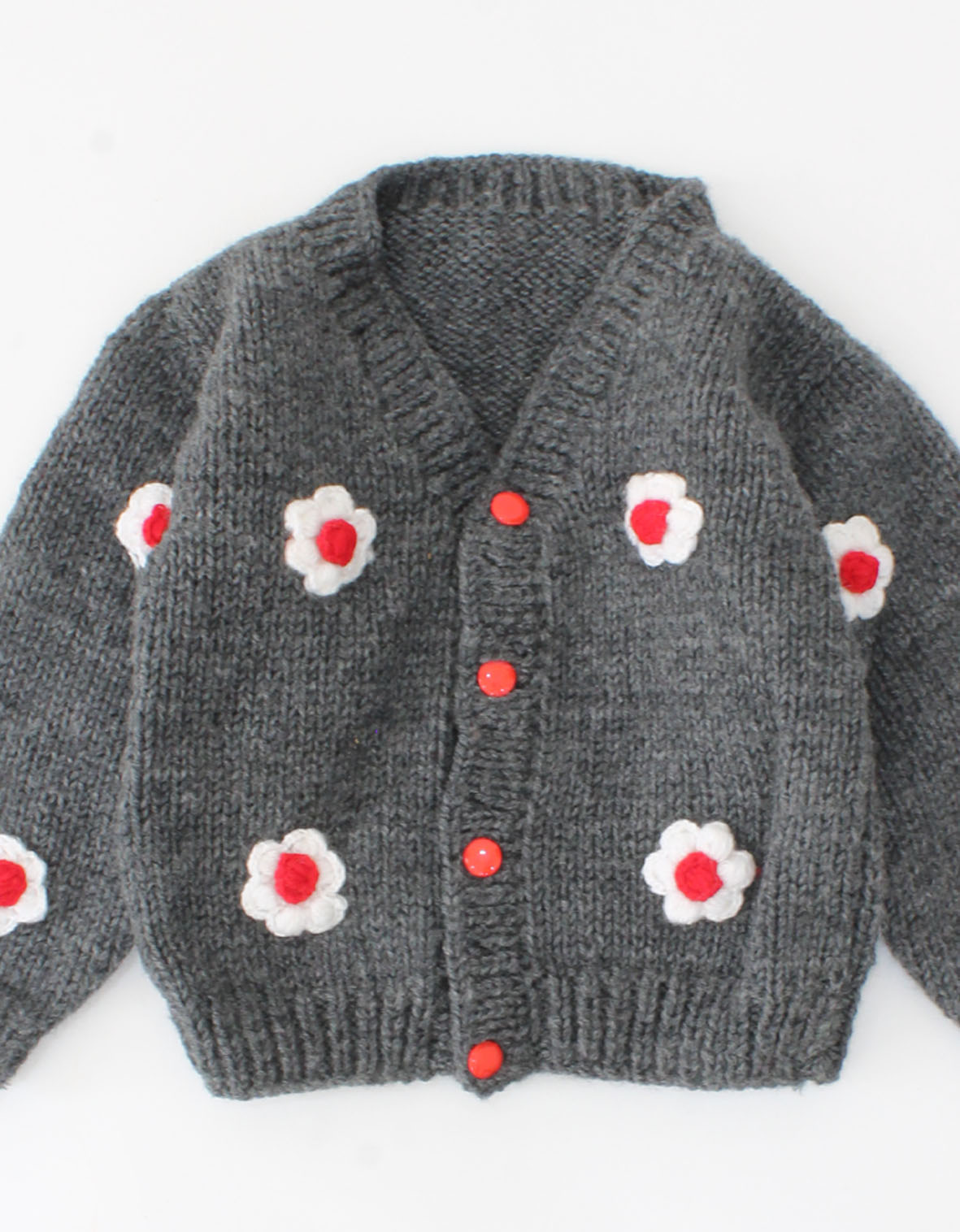 Handmade Knitted Full Sleeves Floral Design Sweater-Grey