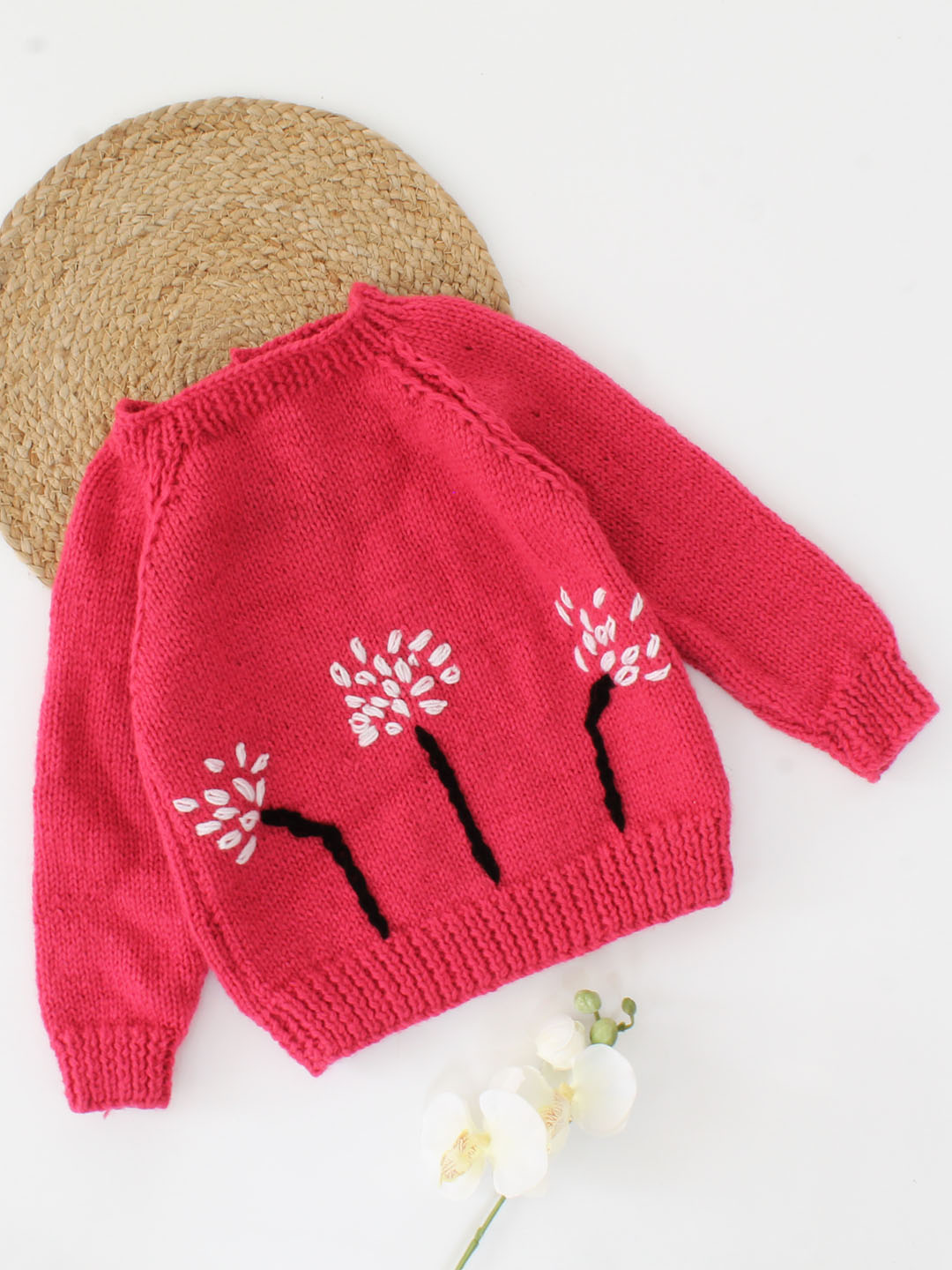 Handmade Knitted Full Sleeves Embroidered Sweater-Coral