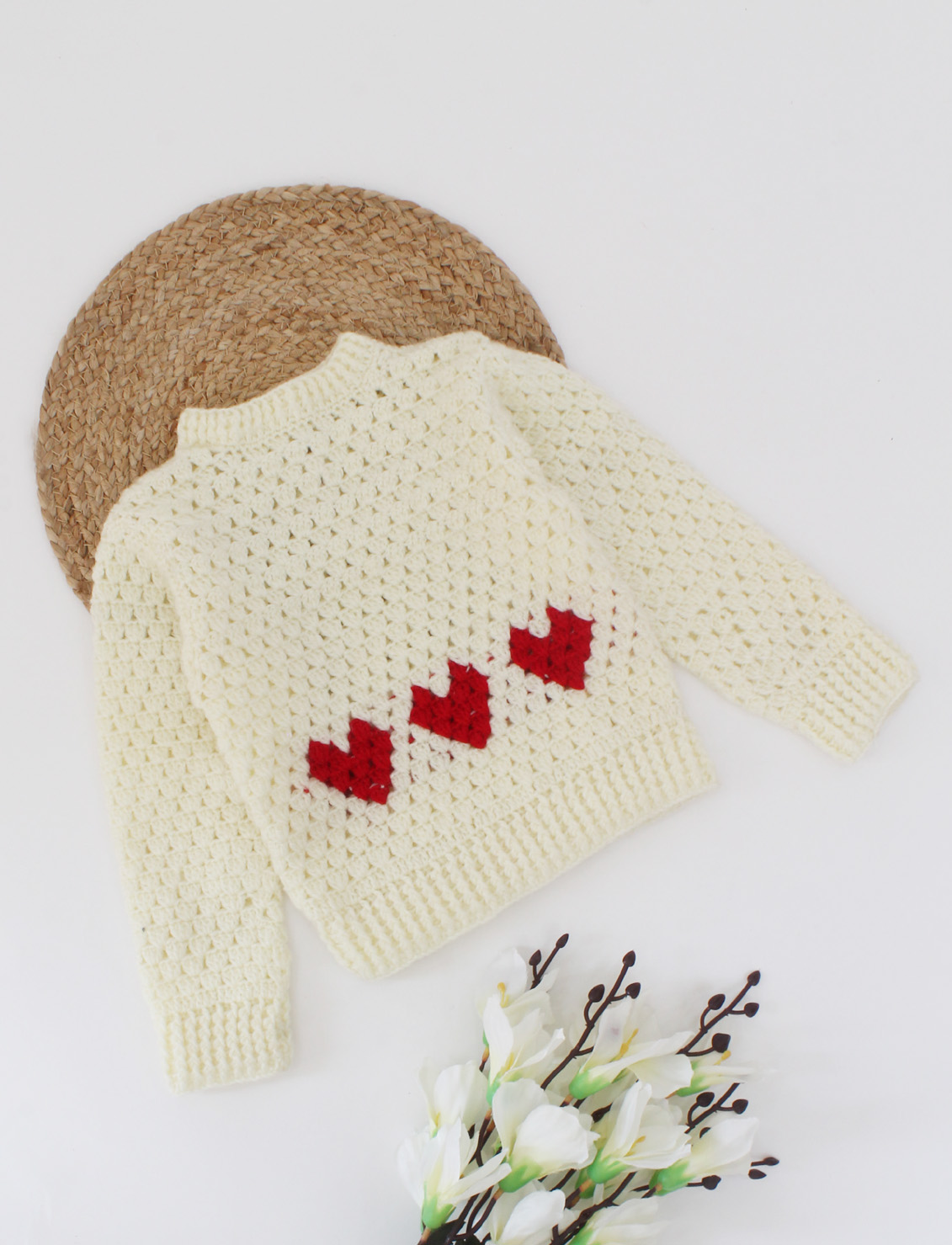 Handmade Crochet Full Sleeves Heart Detailing Sweater-Cream