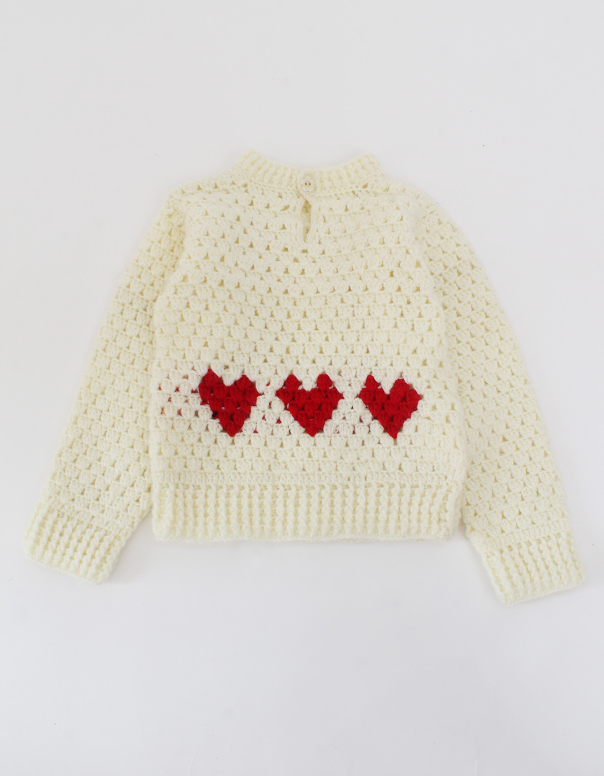 Handmade Crochet Full Sleeves Heart Detailing Sweater-Cream