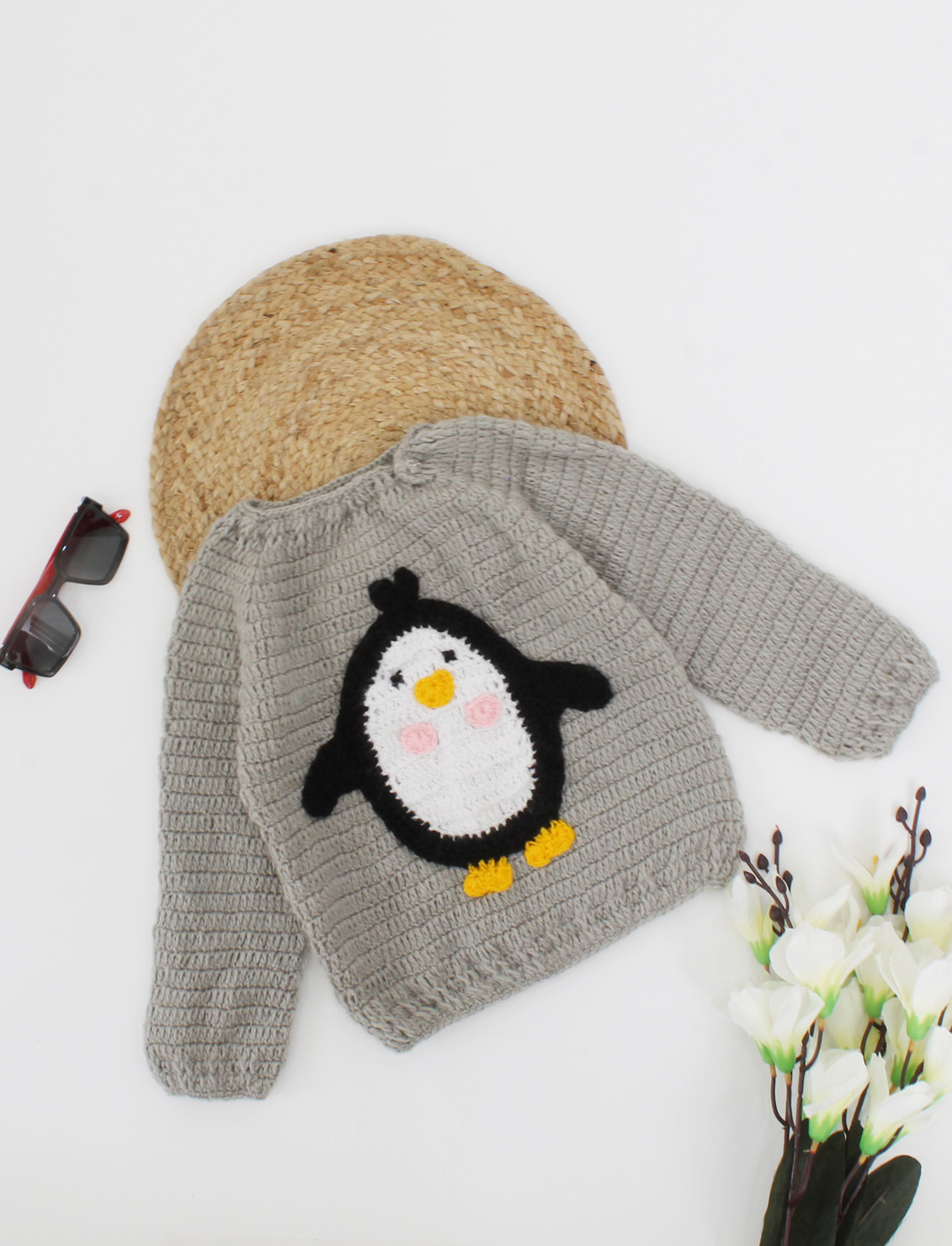 Handmade Crochet Full Sleeves Penguin Design Sweater-Grey