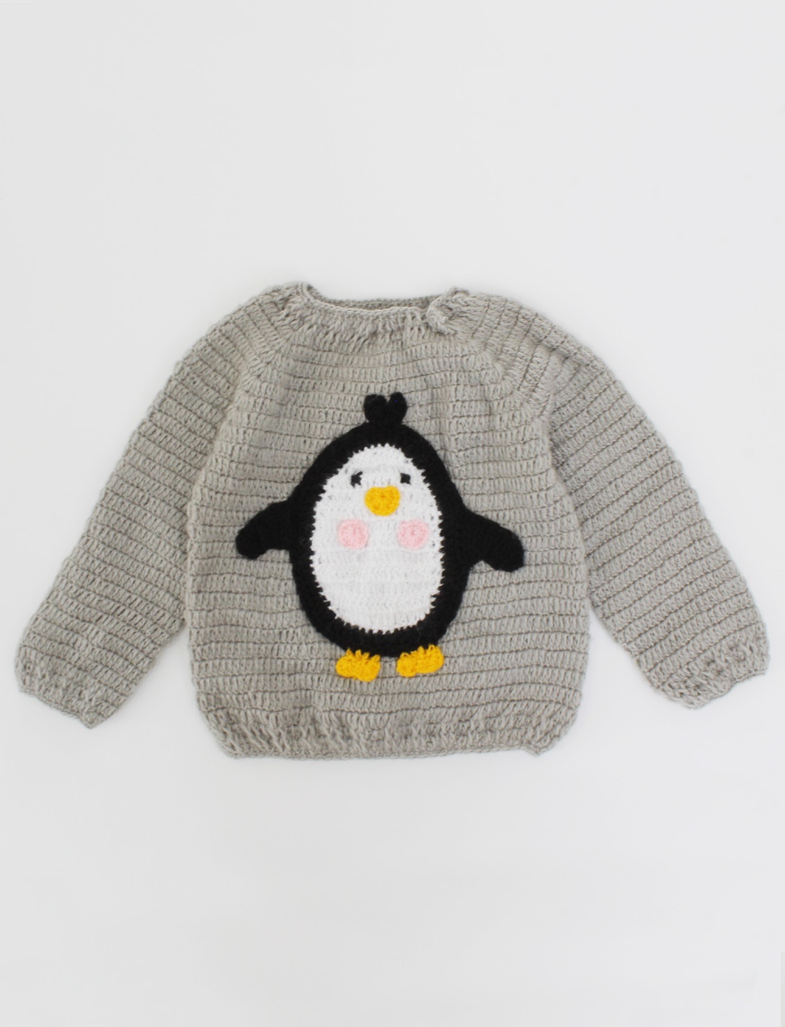 Handmade Crochet Full Sleeves Penguin Design Sweater-Grey