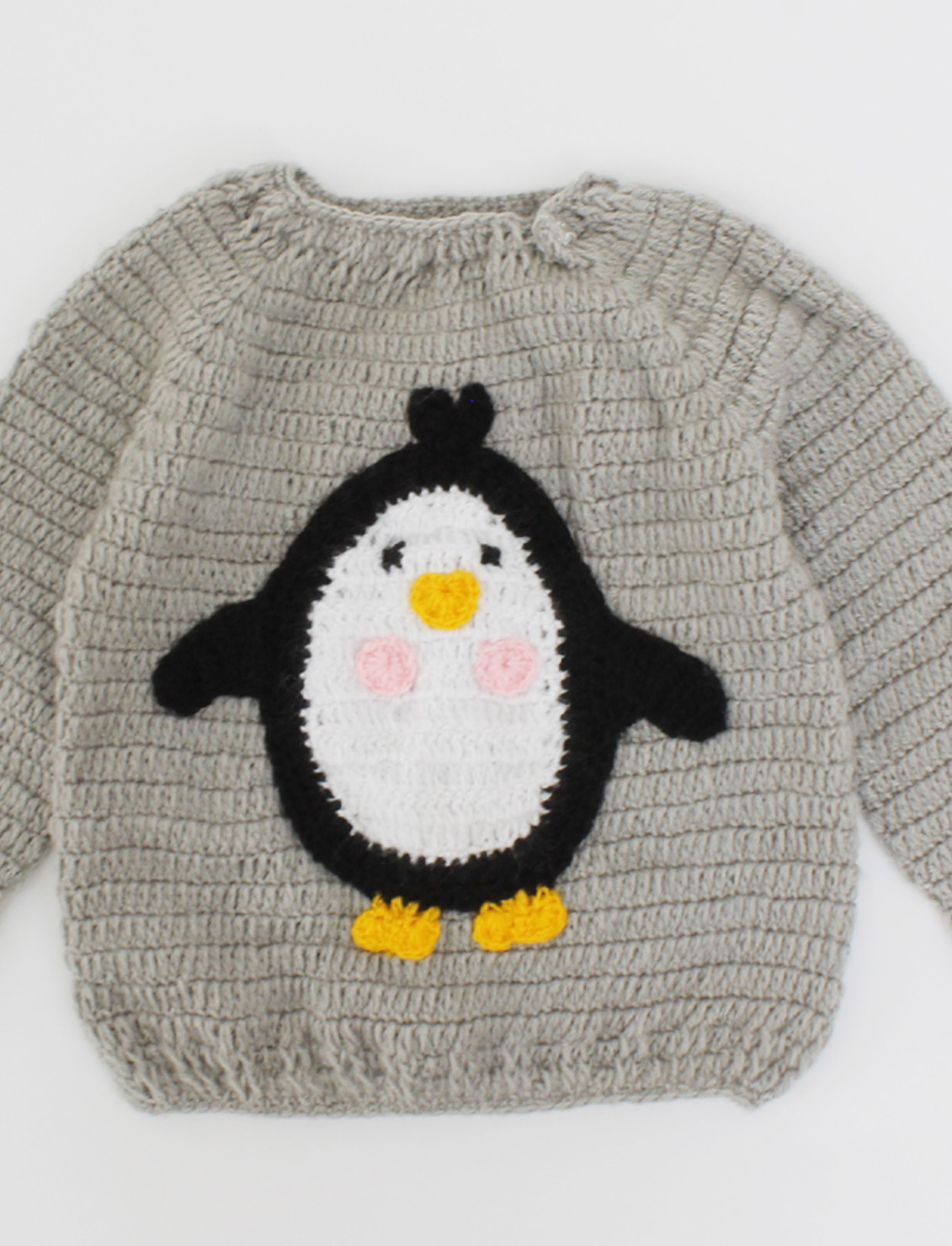 Handmade Crochet Full Sleeves Penguin Design Sweater-Grey