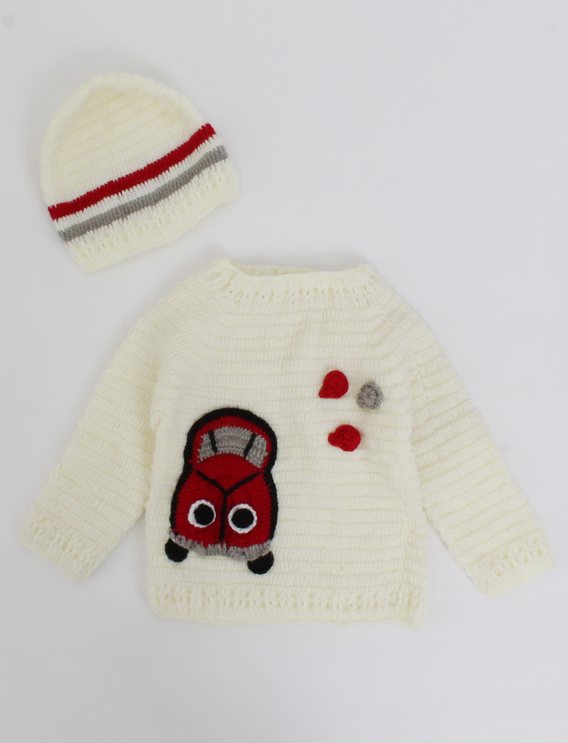 Handmade Crochet Full Sleeves Car Detailing Sweater-Cream