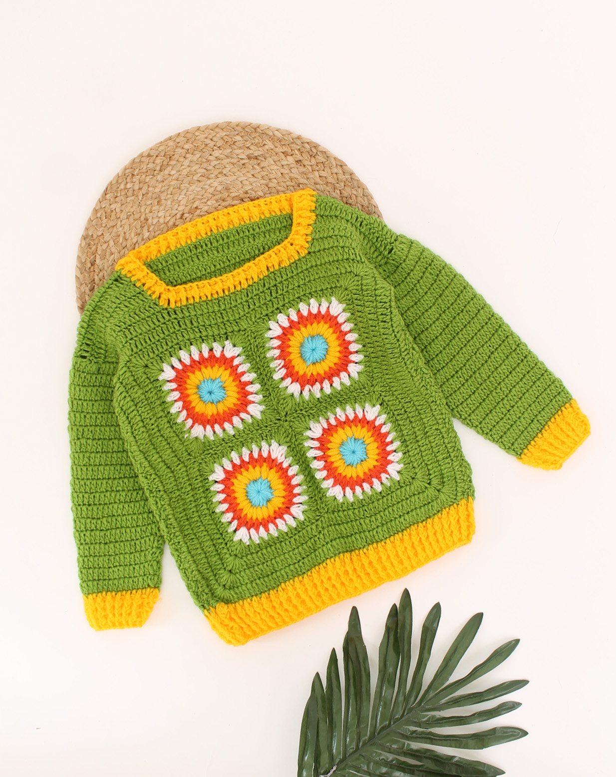 Handmade Crochet Full Sleeves Floral Design Sweater-Green