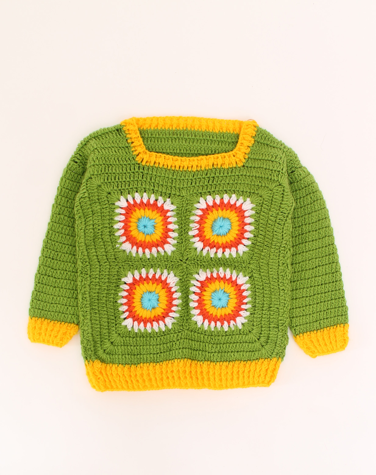 Handmade Crochet Full Sleeves Floral Design Sweater-Green