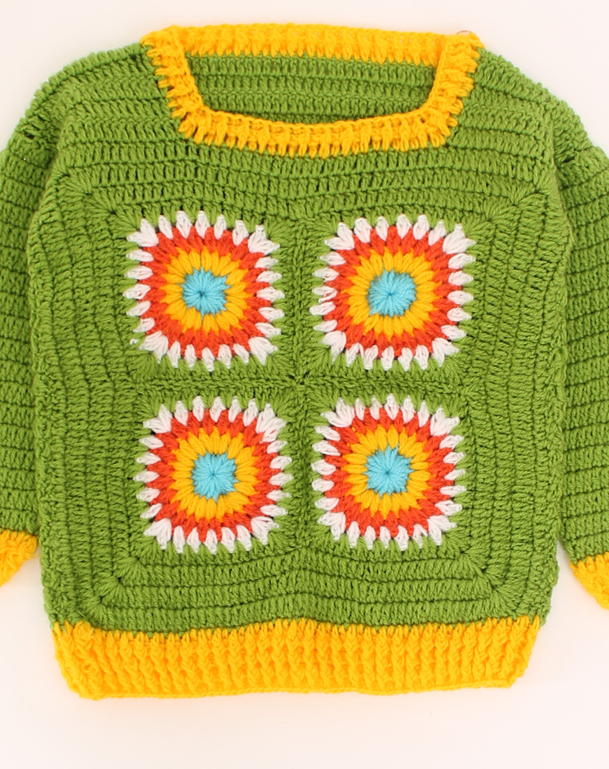 Handmade Crochet Full Sleeves Floral Design Sweater-Green