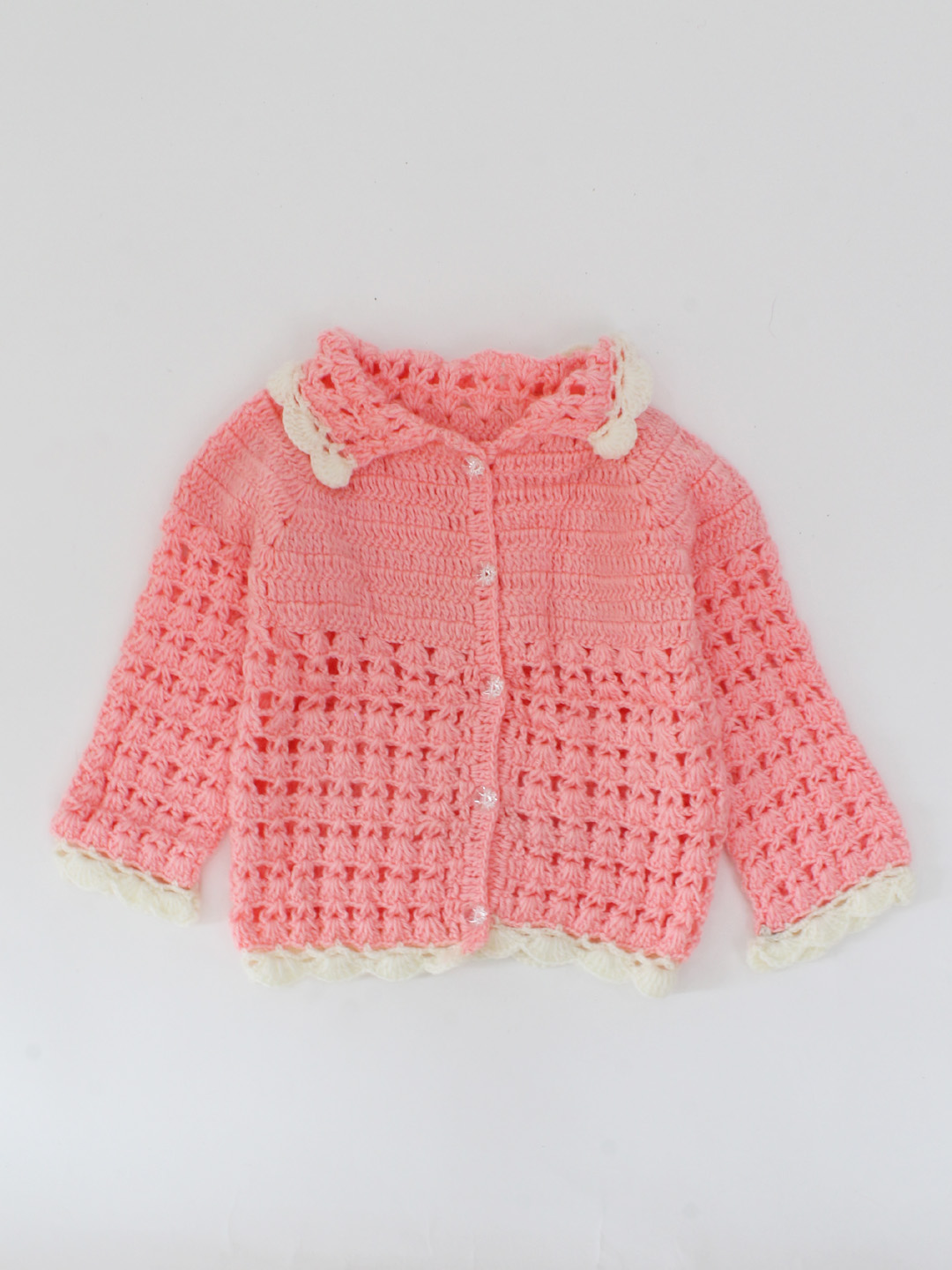 Handmade Crochet Full Sleeves Peter Pan Collar Design Sweater-Peach