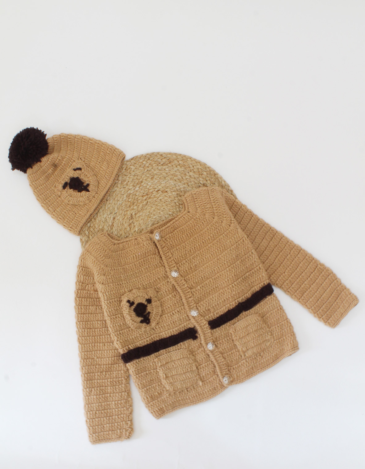 Handmade Crochet Full Sleeves Bear Face Detailing Sweater With Cap-Brown