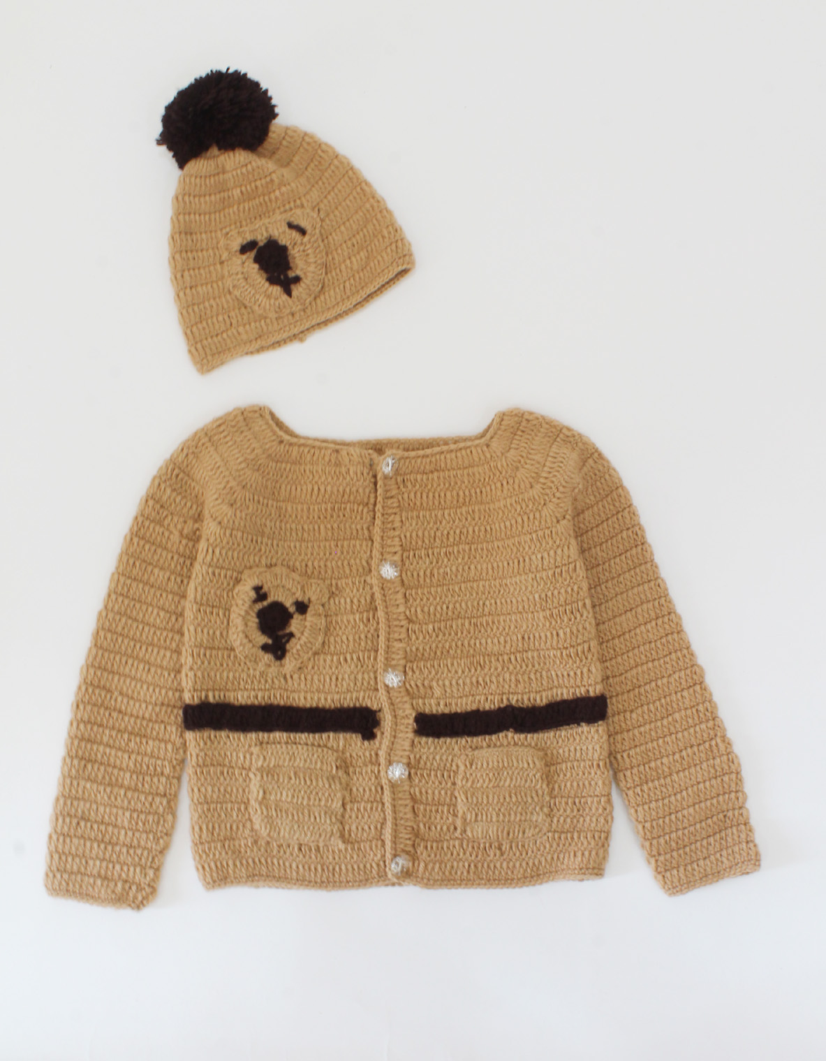 Handmade Crochet Full Sleeves Bear Face Detailing Sweater With Cap-Brown