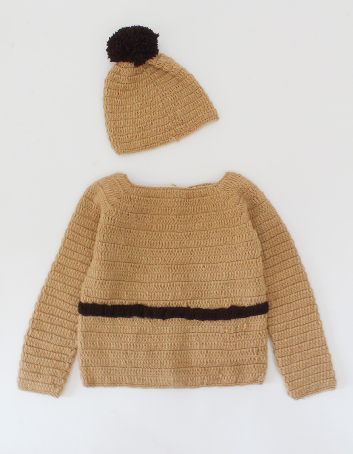 Handmade Crochet Full Sleeves Bear Face Detailing Sweater With Cap-Brown