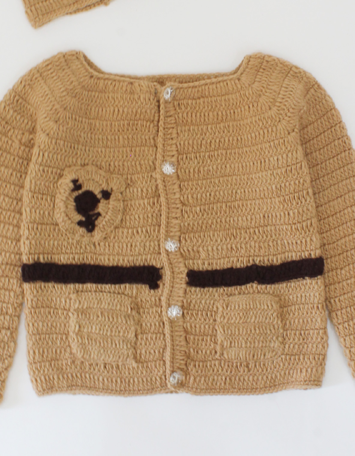 Handmade Crochet Full Sleeves Bear Face Detailing Sweater With Cap-Brown