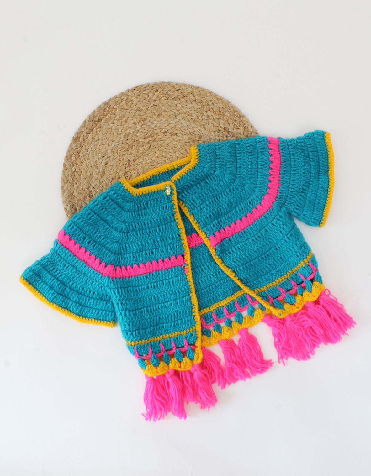 Handmade Crochet Short Sleeves Front Openable Shrug With tasselss -Blue