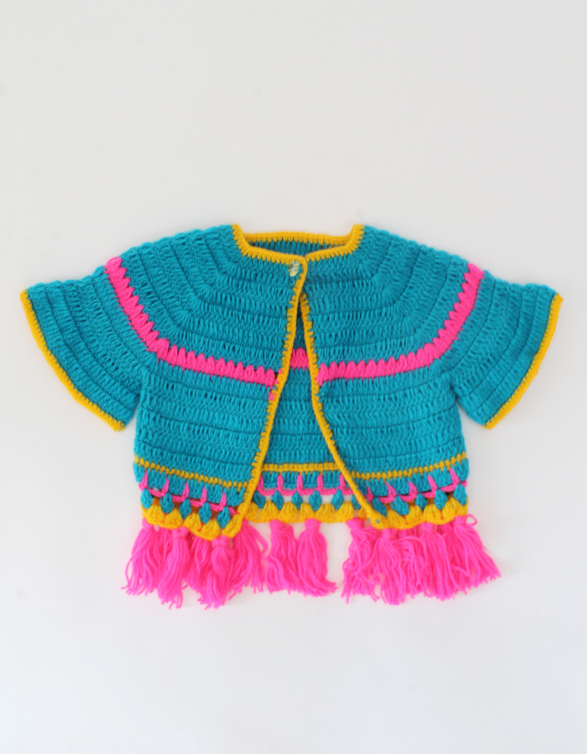 Handmade Crochet Short Sleeves Front Openable Shrug With tasselss -Blue