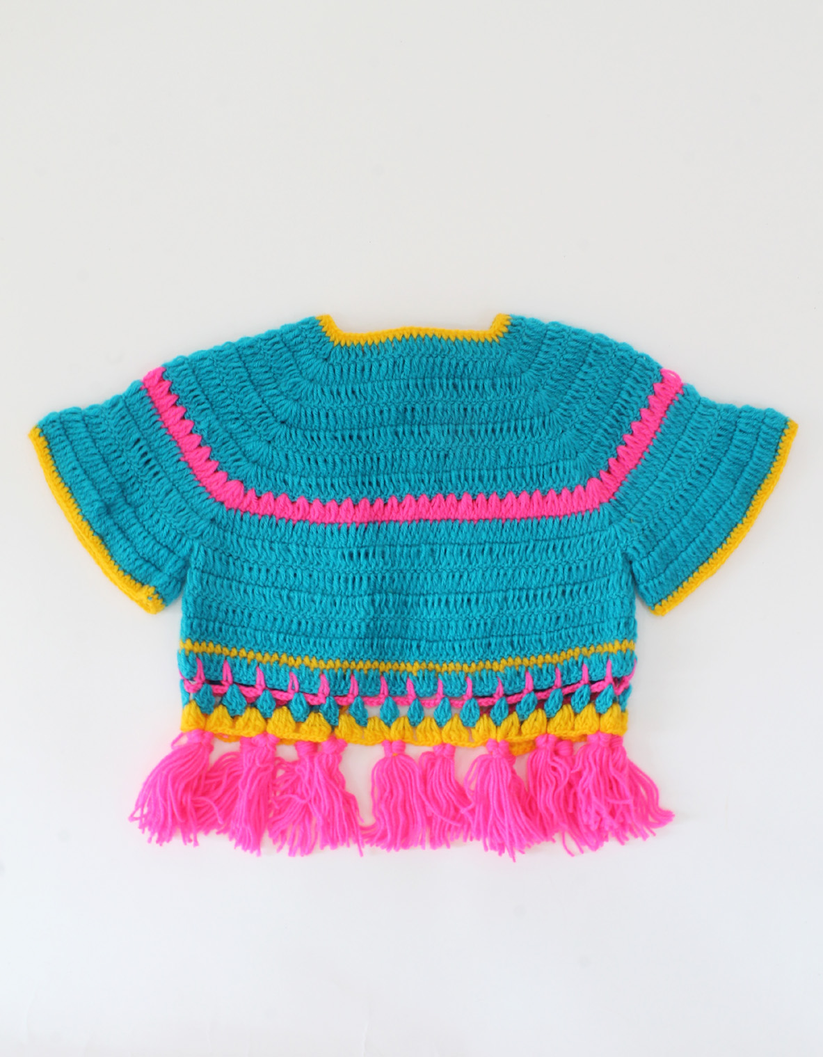 Handmade Crochet Short Sleeves Front Openable Shrug With tasselss -Blue