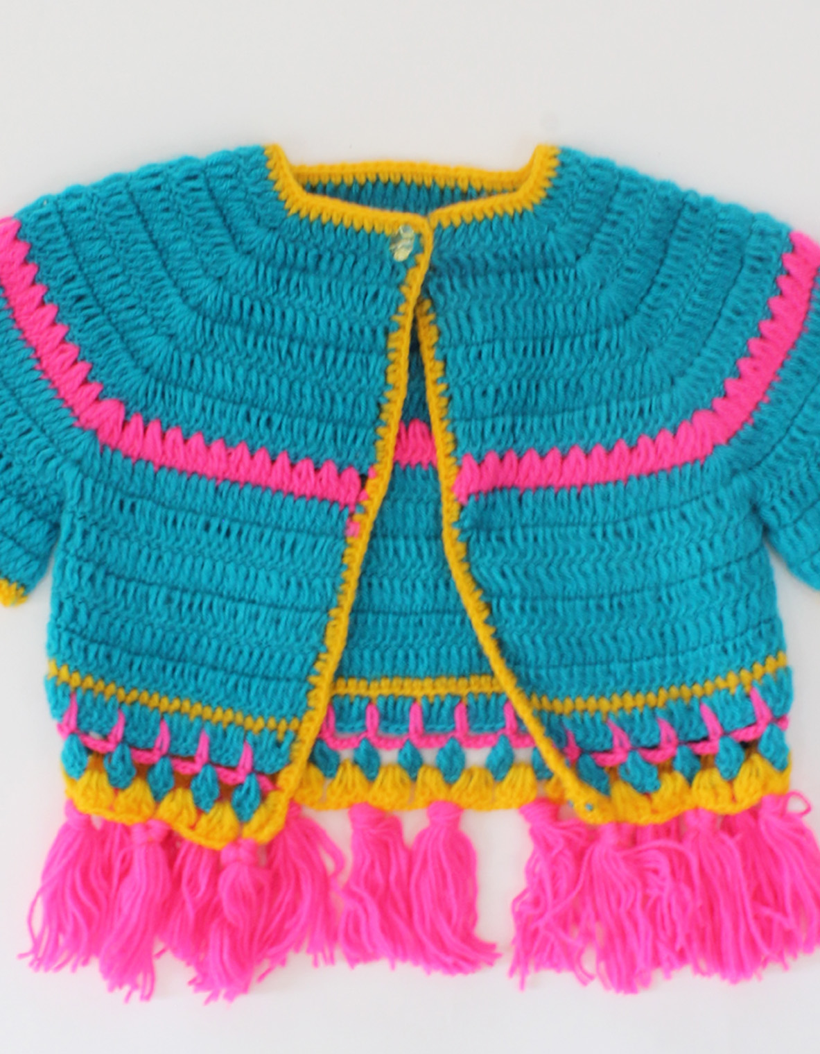 Handmade Crochet Short Sleeves Front Openable Shrug With tasselss -Blue