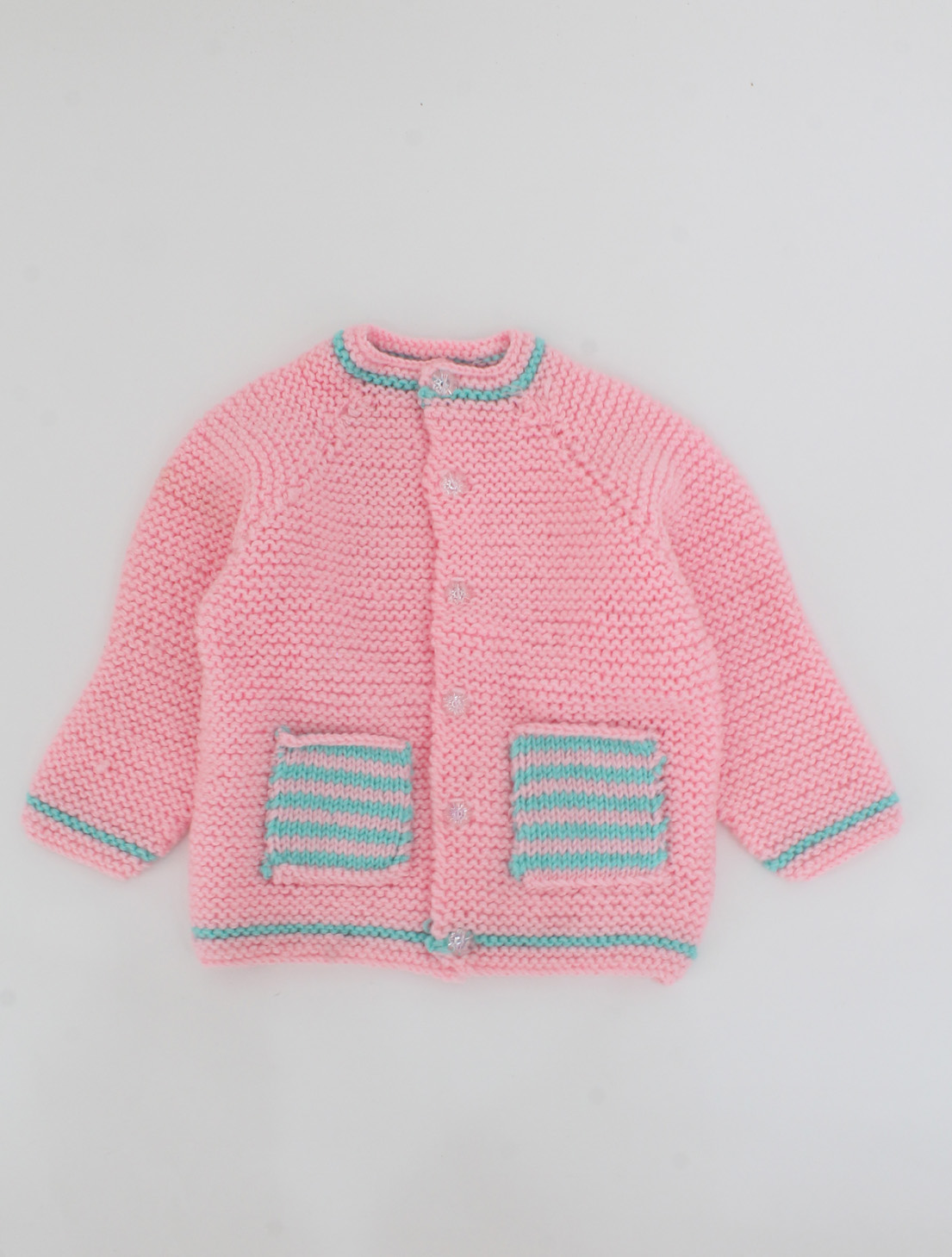 Handmade Full Sleeves Knitted Pocket Detailing Front Openable Sweater-Pink